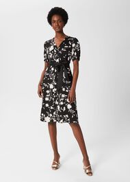 Indah Satin Floral Fit And Flare Dress, Black Cream, hi-res