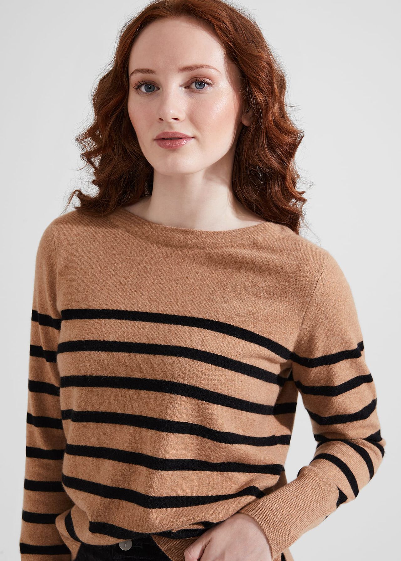 Larina Cashmere Stripe Jumper, Camel Black, hi-res