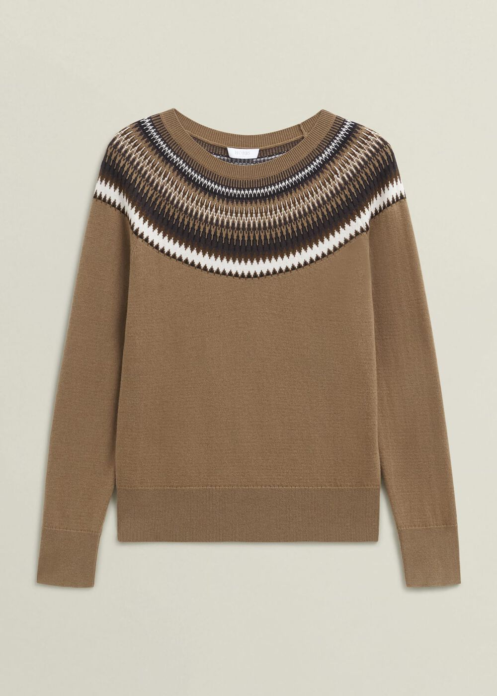 Camel Greta Wool Blend Fairisle Crew Neck Knitted Sweater, Camel Marl, hi-res