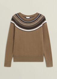 Camel Greta Wool Blend Fairisle Crew Neck Knitted Sweater, Camel Marl, hi-res