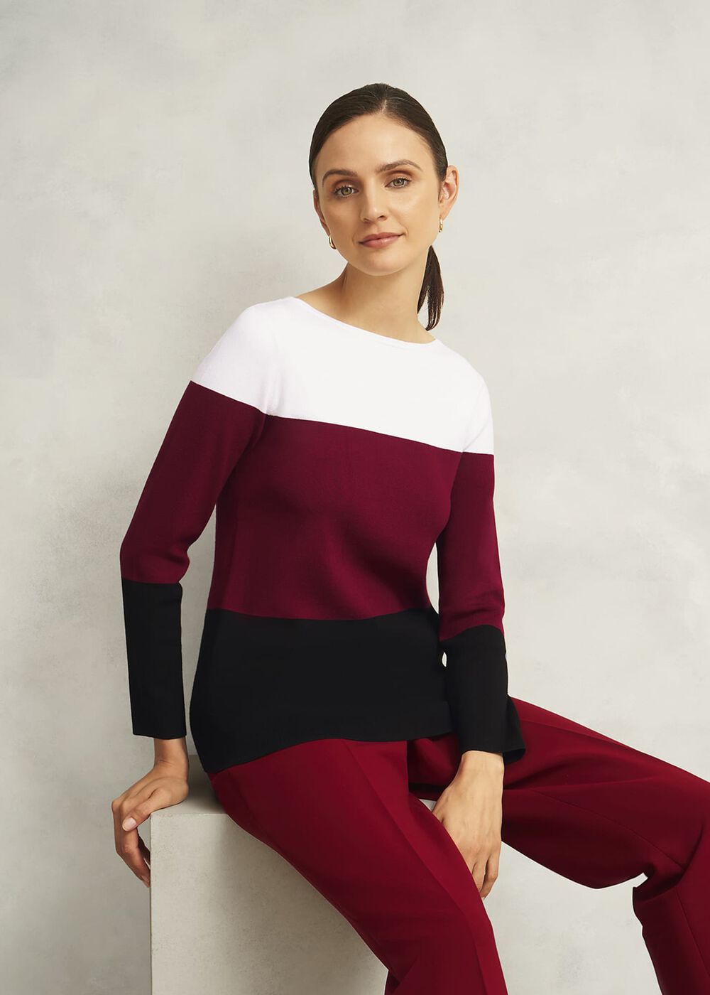Burgundy Alice Colour Block Crew Neck Knitted Sweater, Beryl Black, hi-res