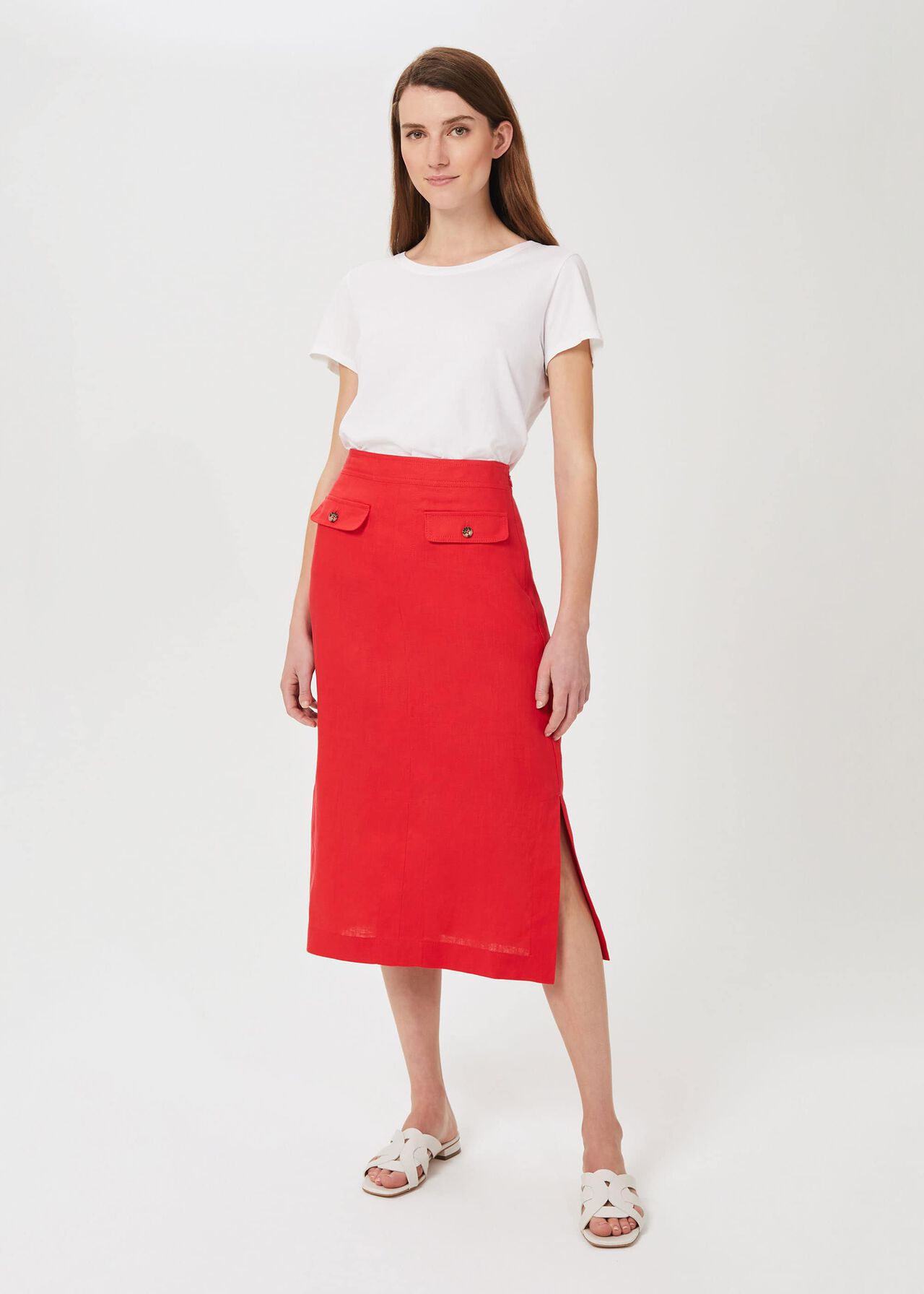 Georgiana Linen Skirt, Coral Red, hi-res