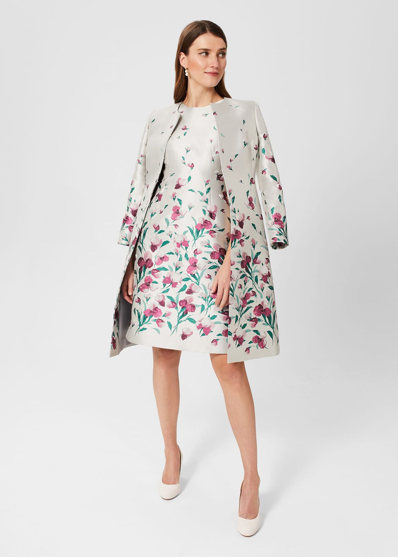 Gwen Floral Jacquard Coat, Oyster Multi, hi-res
