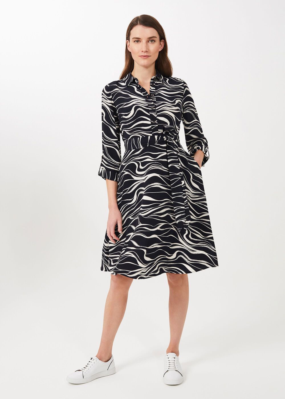 Clarice Printed Shirt Dress, Navy Buttrcream, hi-res