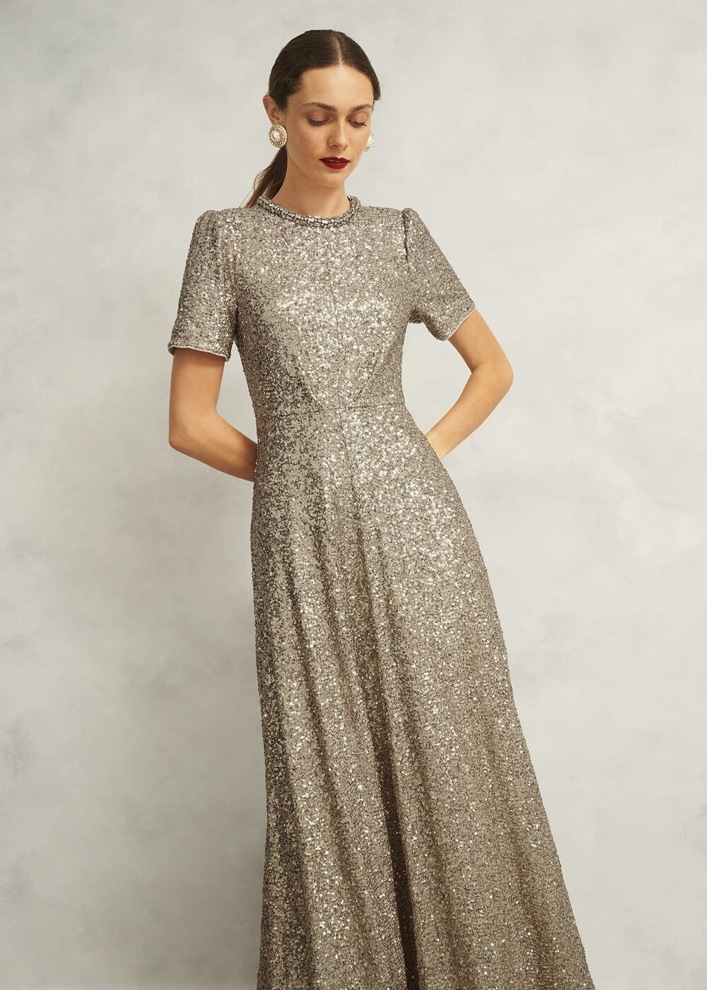 Shirley Sequin Trimmed Maxi Dress, Champagne, hi-res