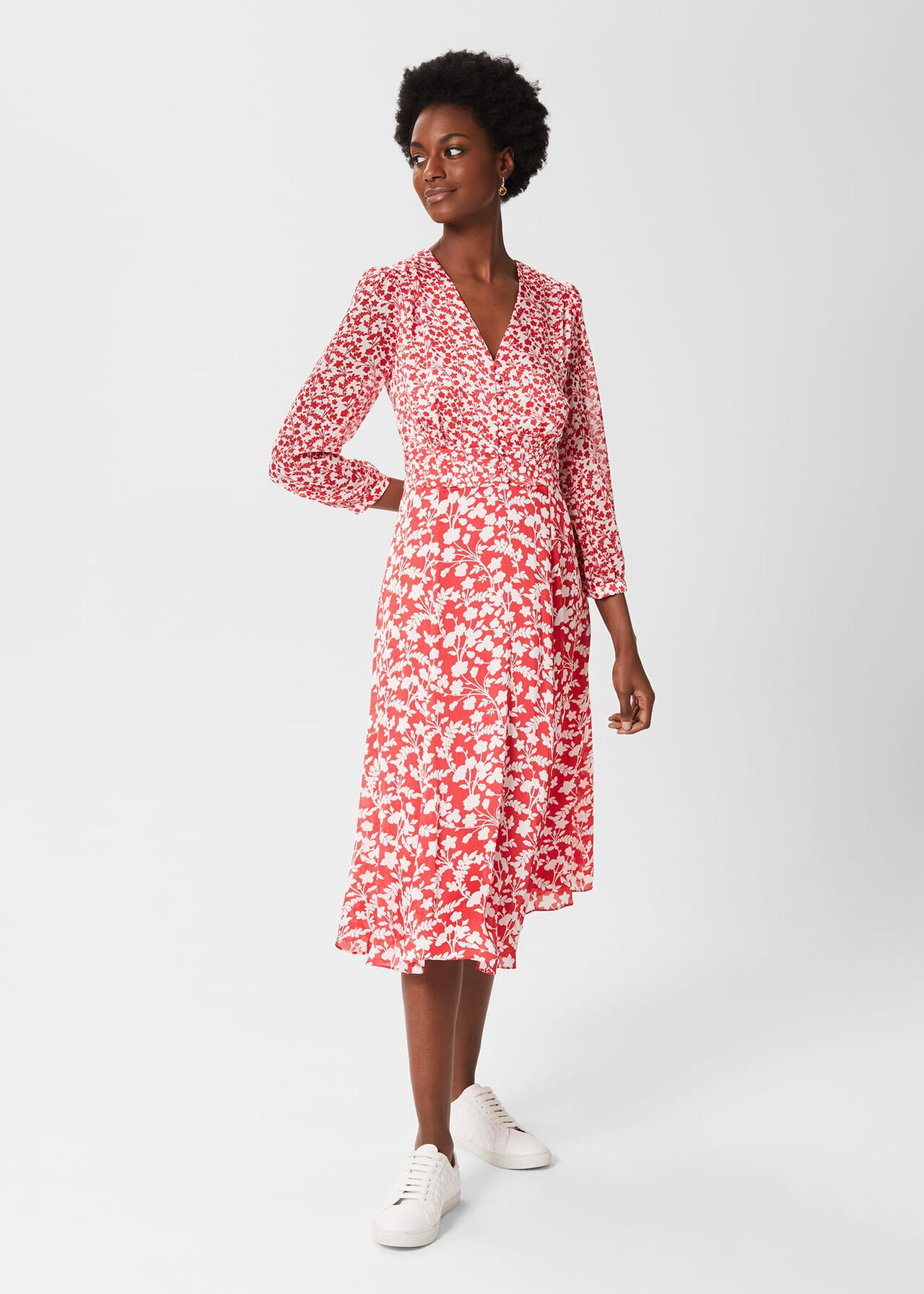 Rosie Floral V Neck Dress, Rasp Red Ivory, hi-res