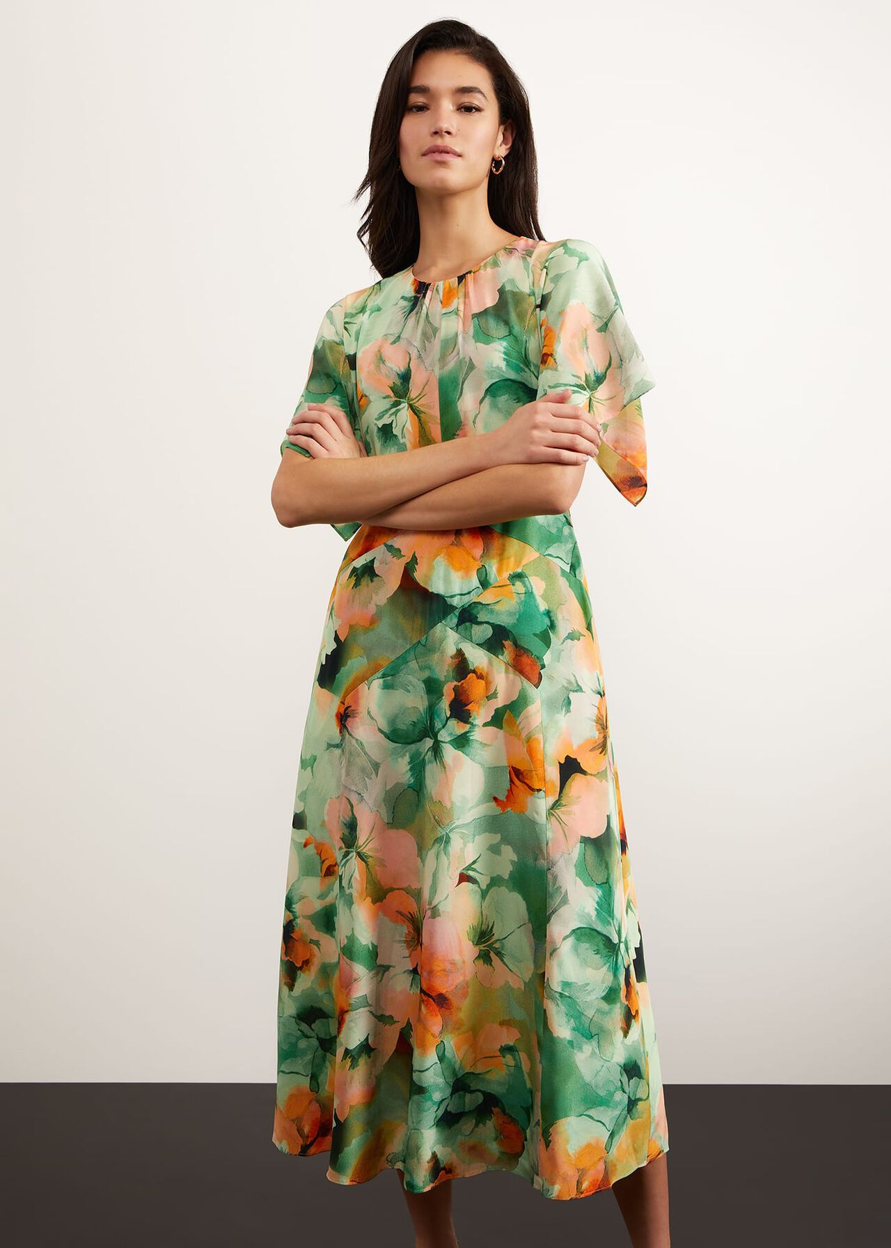 Rosemoor Silk Midi Dress, Green Orange, hi-res