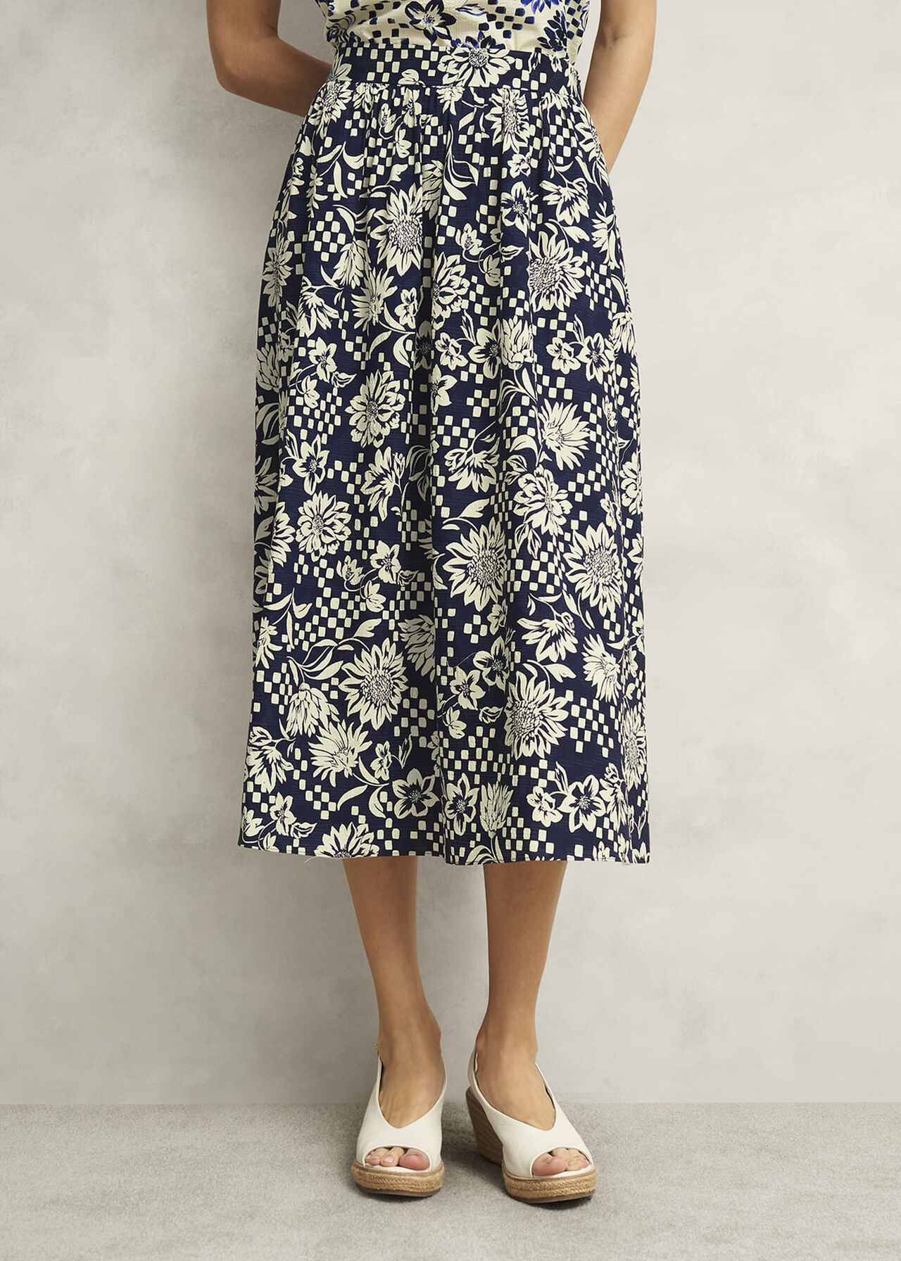 Rousham Cotton Midi Skirt, Navy Cream, hi-res