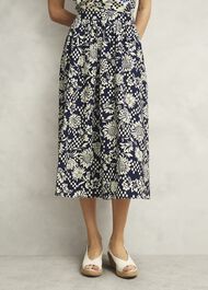Rousham Cotton Midi Skirt, Navy Cream, hi-res