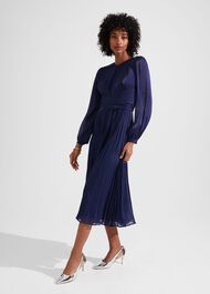 Elina Metallic Pleated Dress, Midnight Navy, hi-res