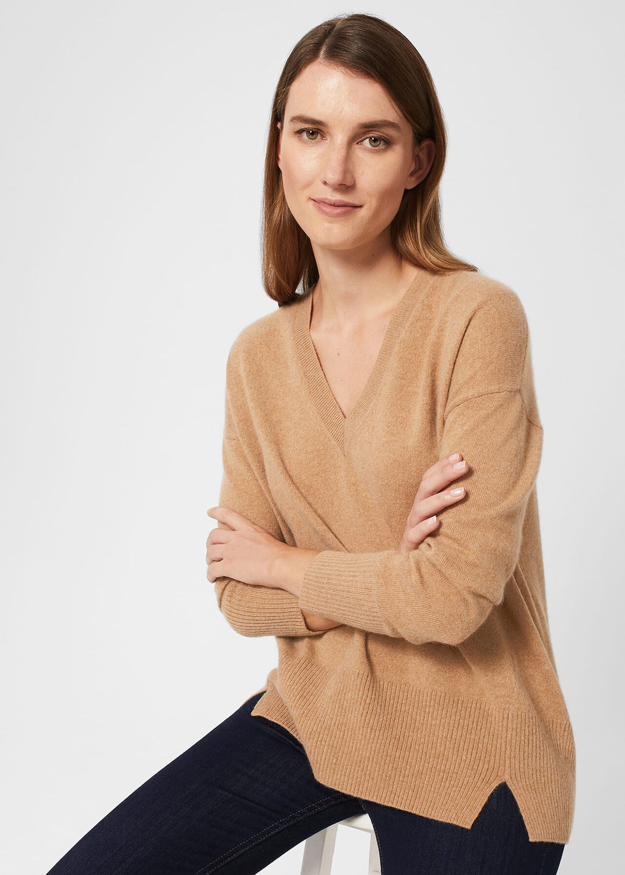 Dahlia V Neck Cashmere Sweater, Camel, hi-res