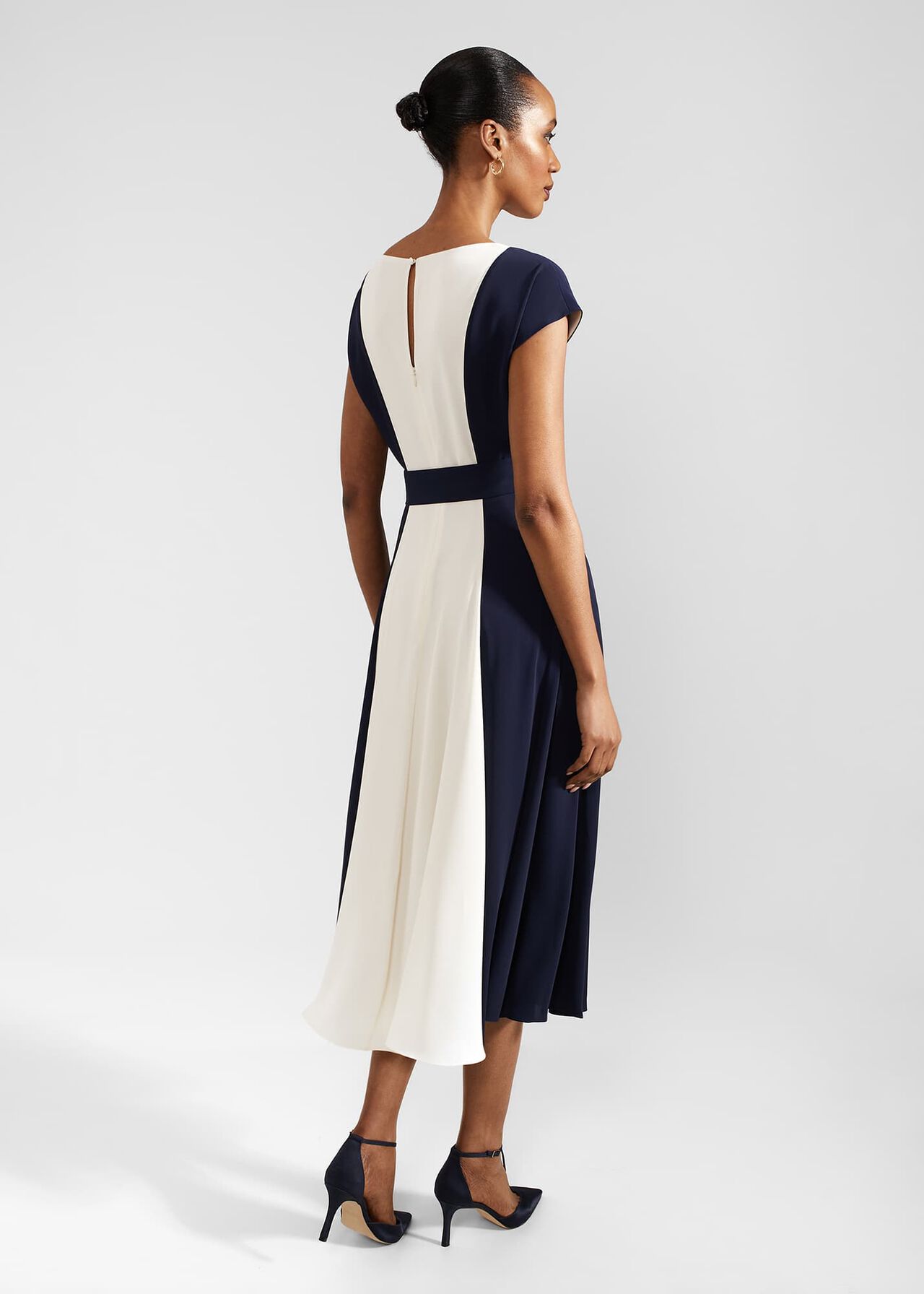 Emery Tie Belted Midi Dress, Navy Cream, hi-res