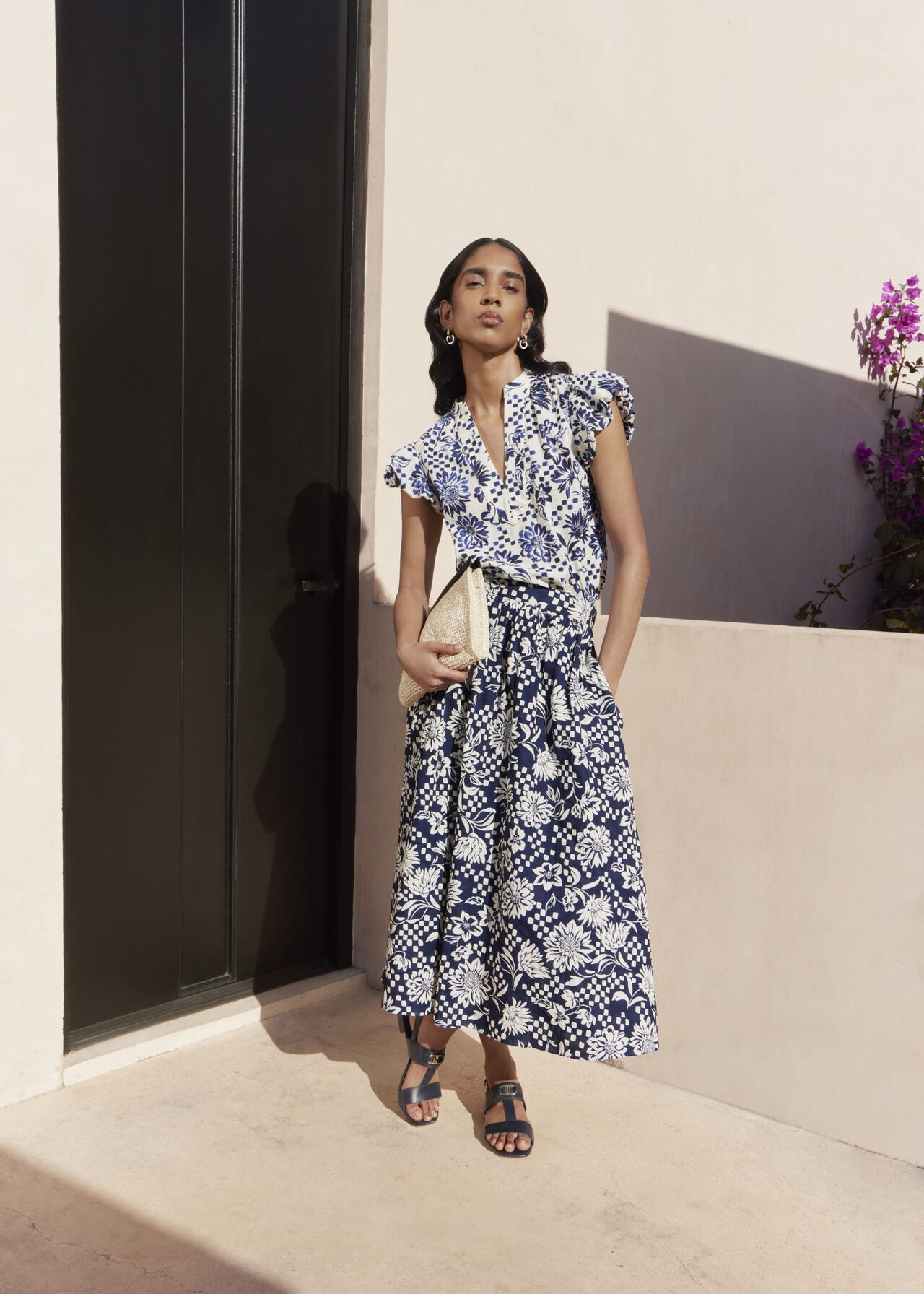 Rousham Cotton Midi Skirt, Navy Cream, hi-res