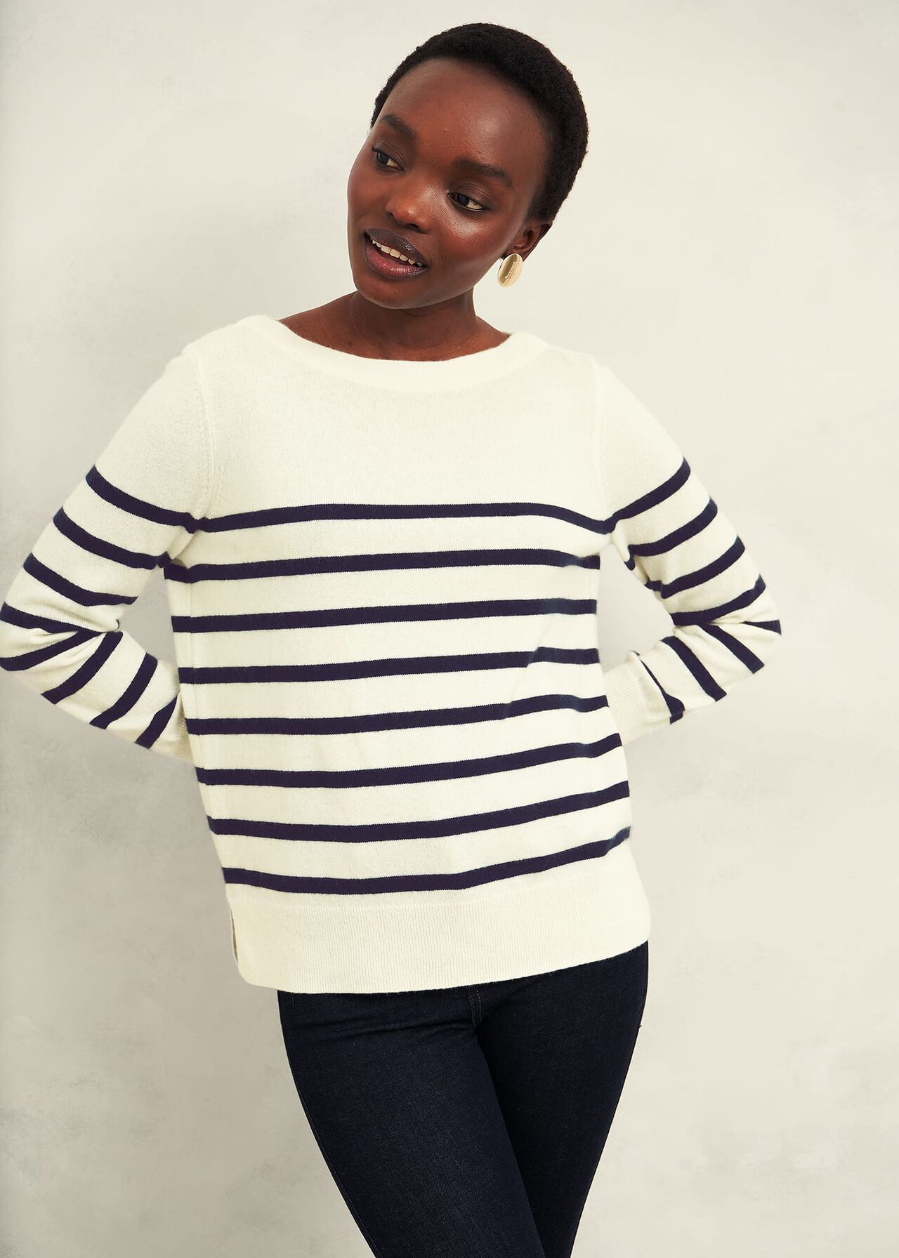 Larina Cashmere Stripe Jumper, Ivory Navy, hi-res