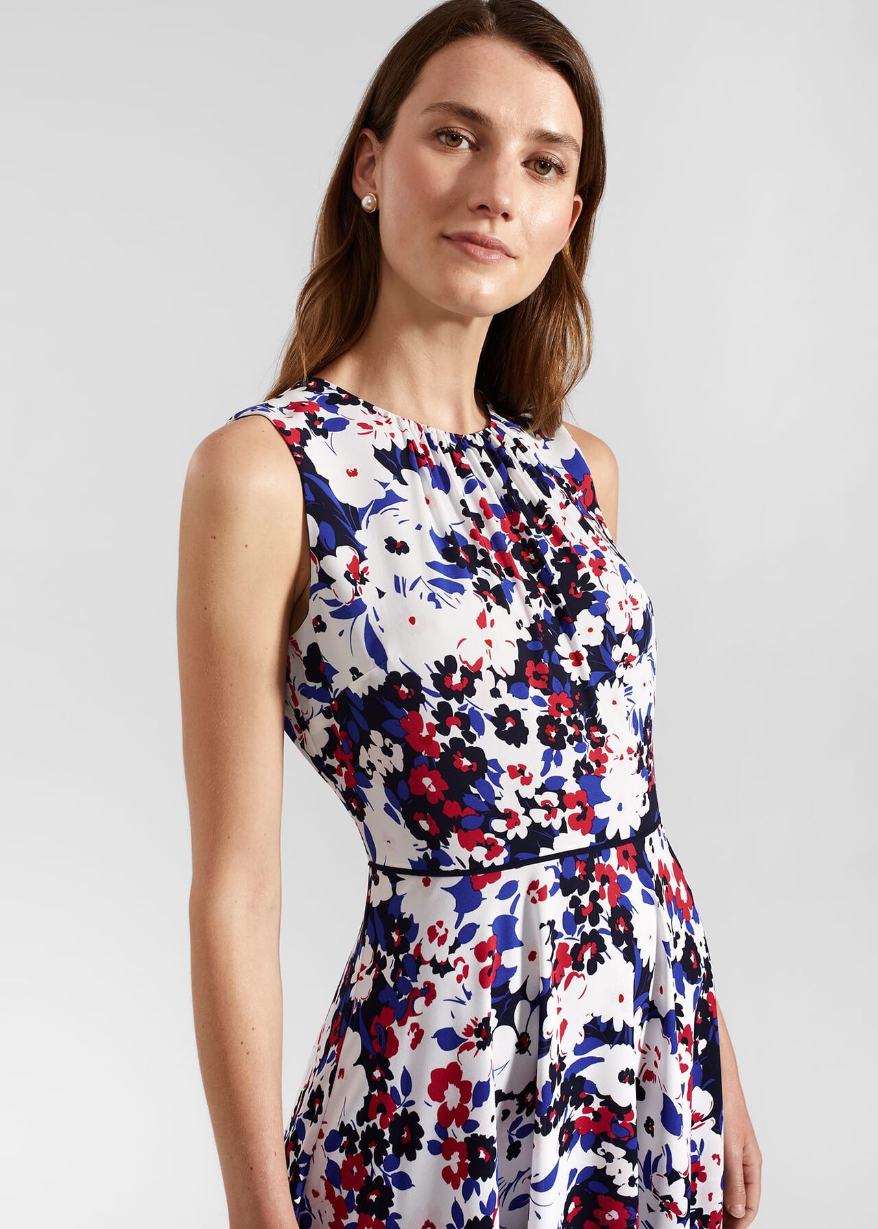 Carly Gathered Neck Floral Dress, Navy Pink Multi, hi-res