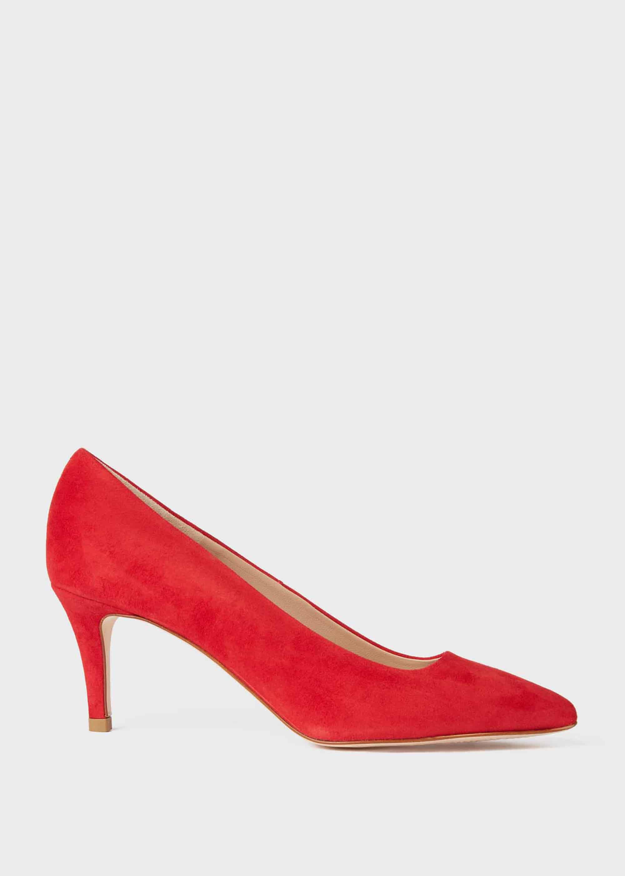 red suede court shoes