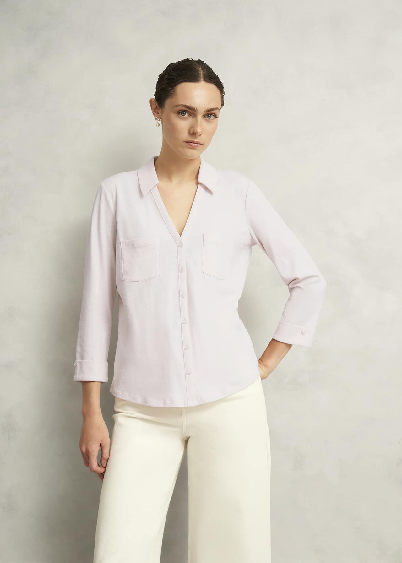 Pink Zariah Cotton Slub 3/4 Sleeve Shirt, Pale Pink, hi-res