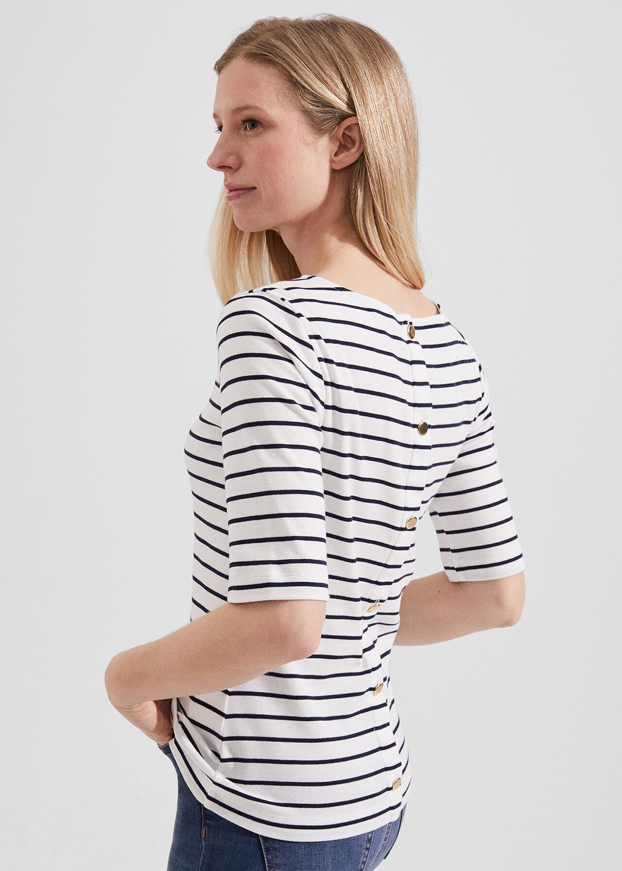 Katie Cotton Button Back Top, Ivory Hobbsnavy, hi-res
