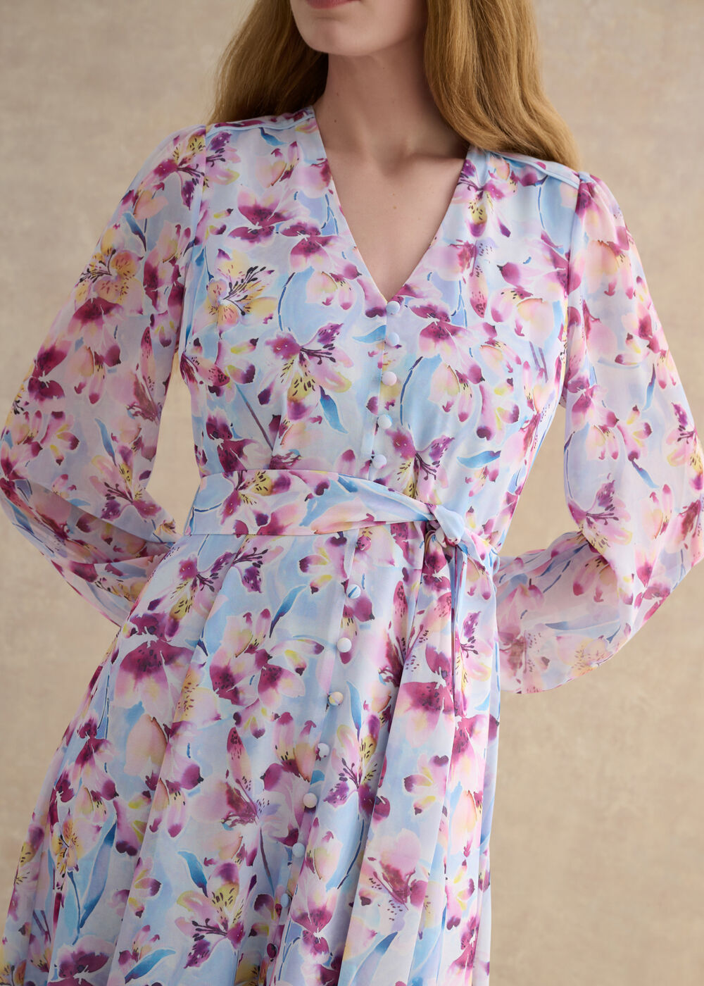 Thea Tie Belted Dress, Pale Blue Multi, hi-res