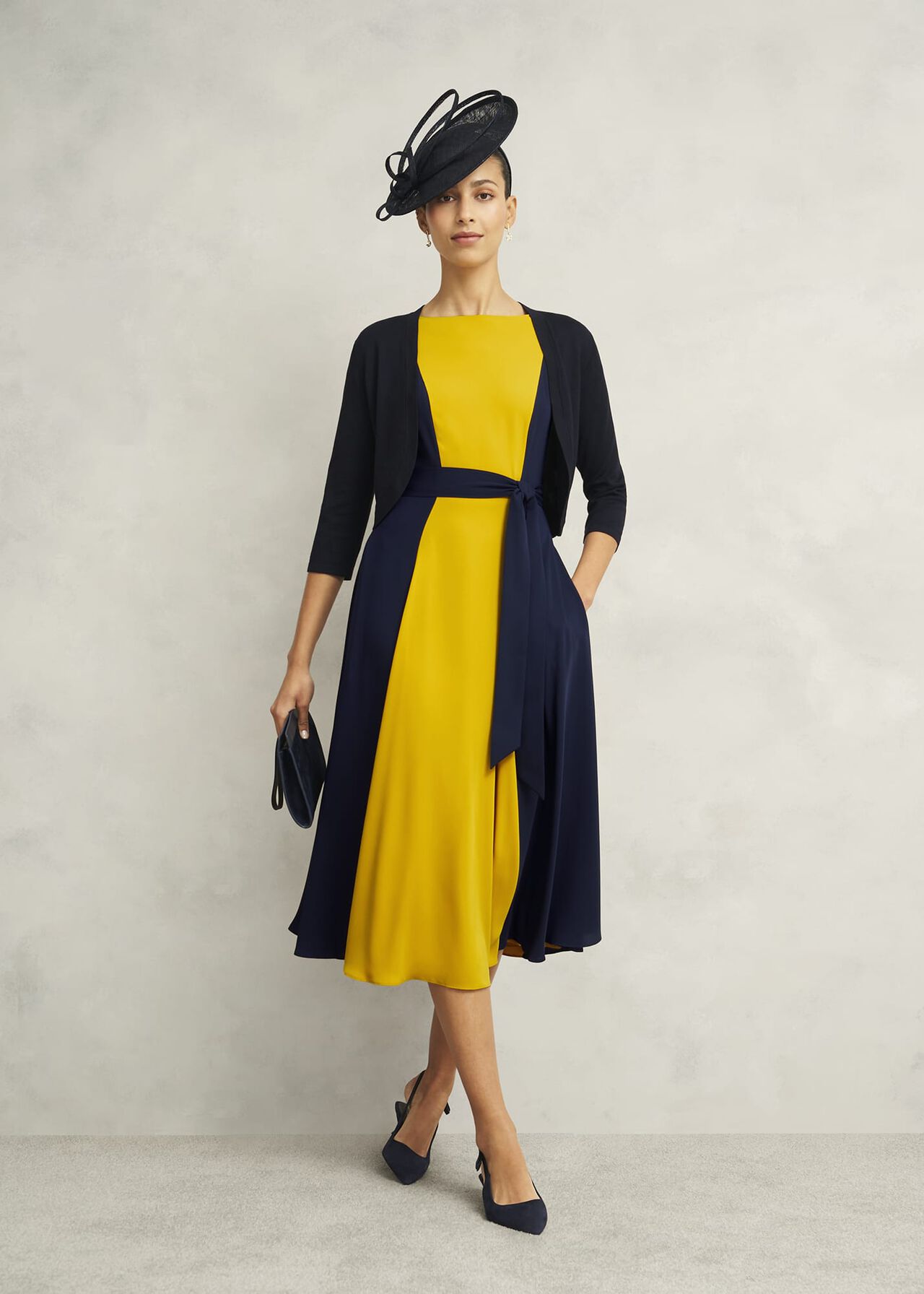 Emery Tie Belted Dress, Navy Yellow, hi-res