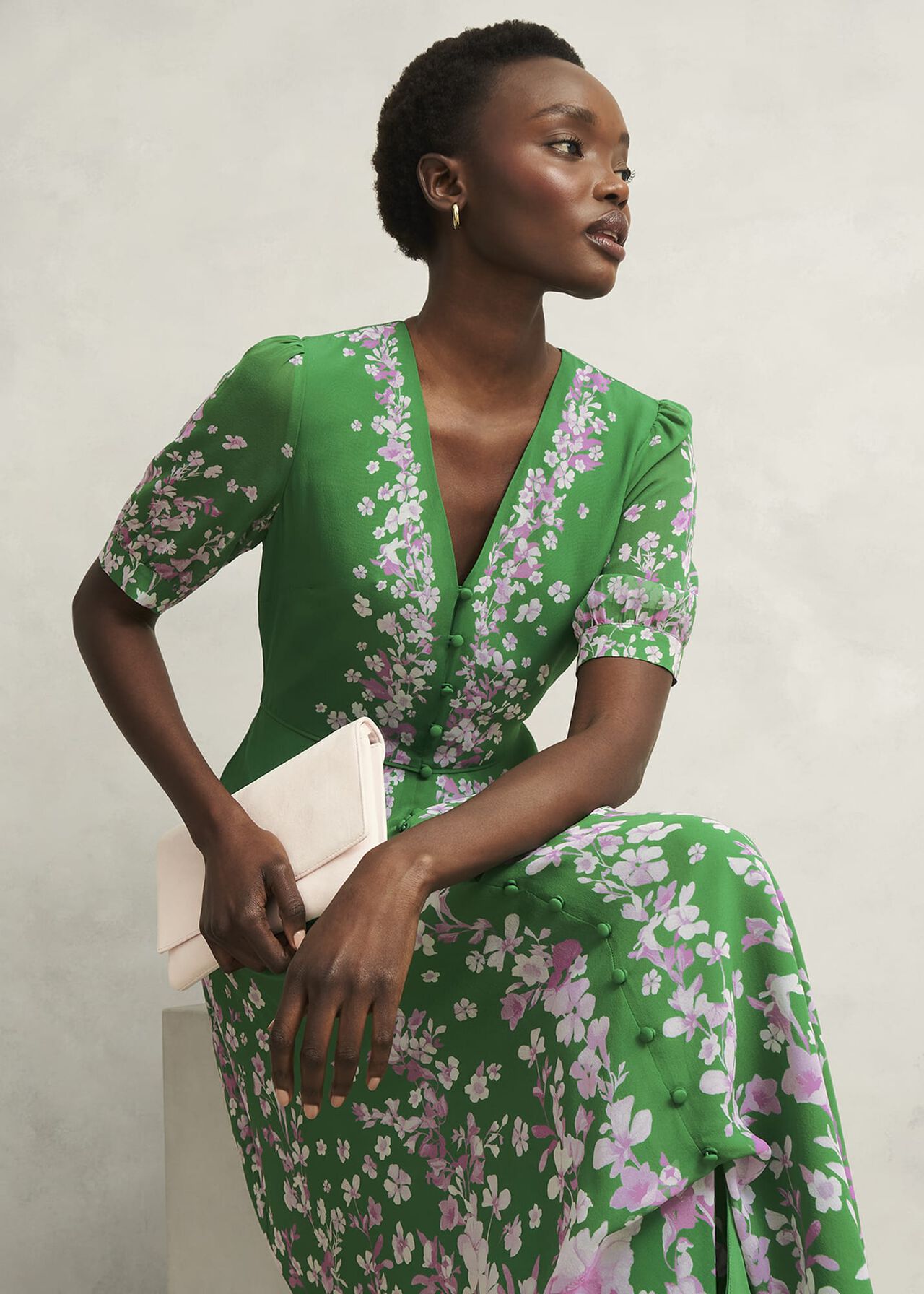 Petite Ana Silk Floral Dress, Green Pink, hi-res
