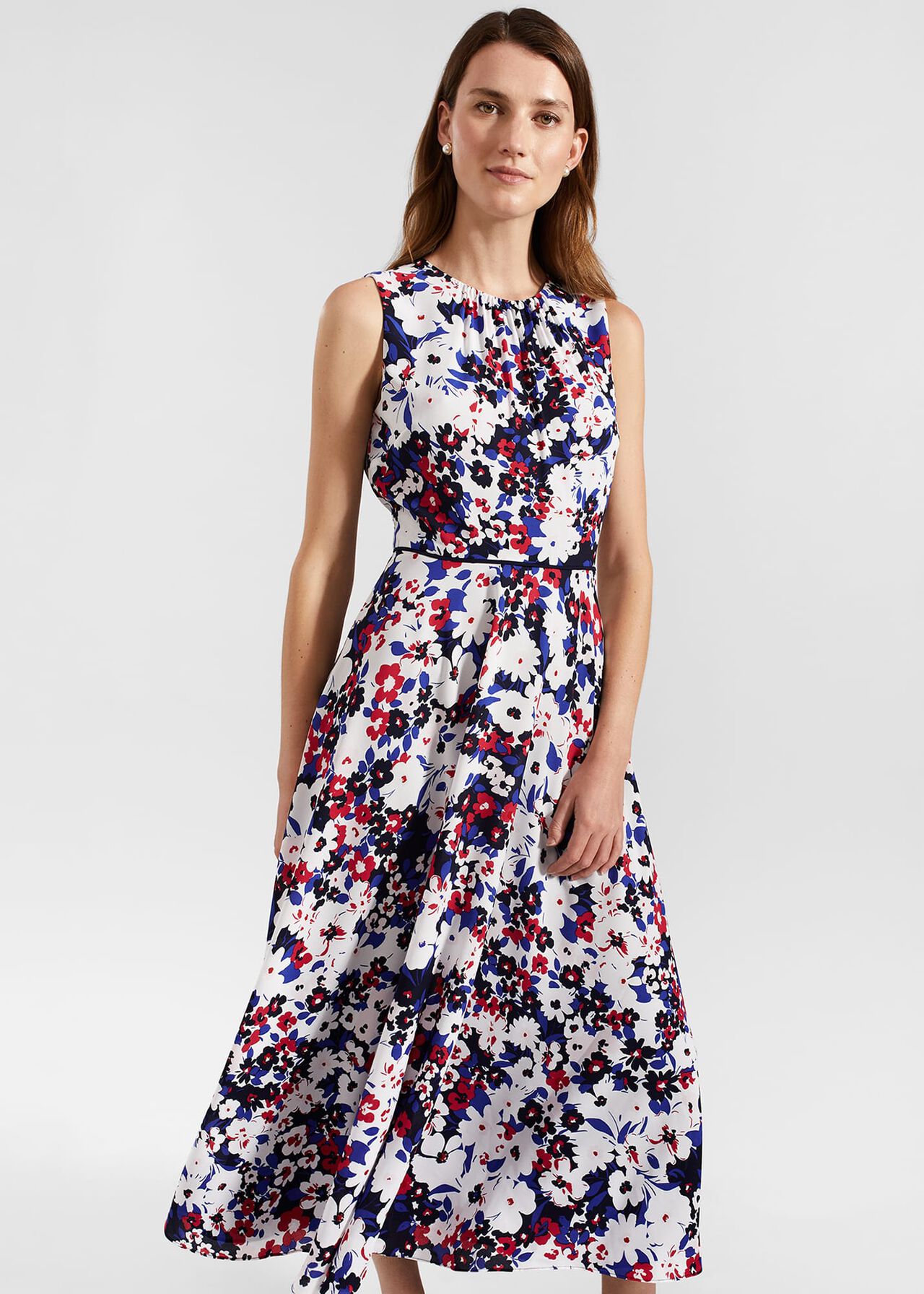 Carly Gathered Neck Floral Dress, Navy Pink Multi, hi-res