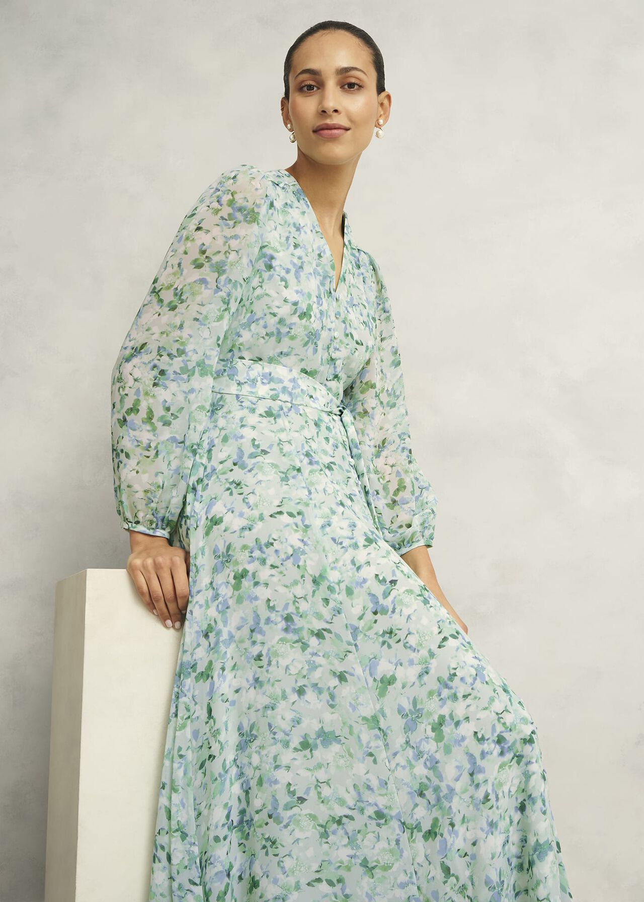 Thea Tie Belted Dress, Sage Green, hi-res