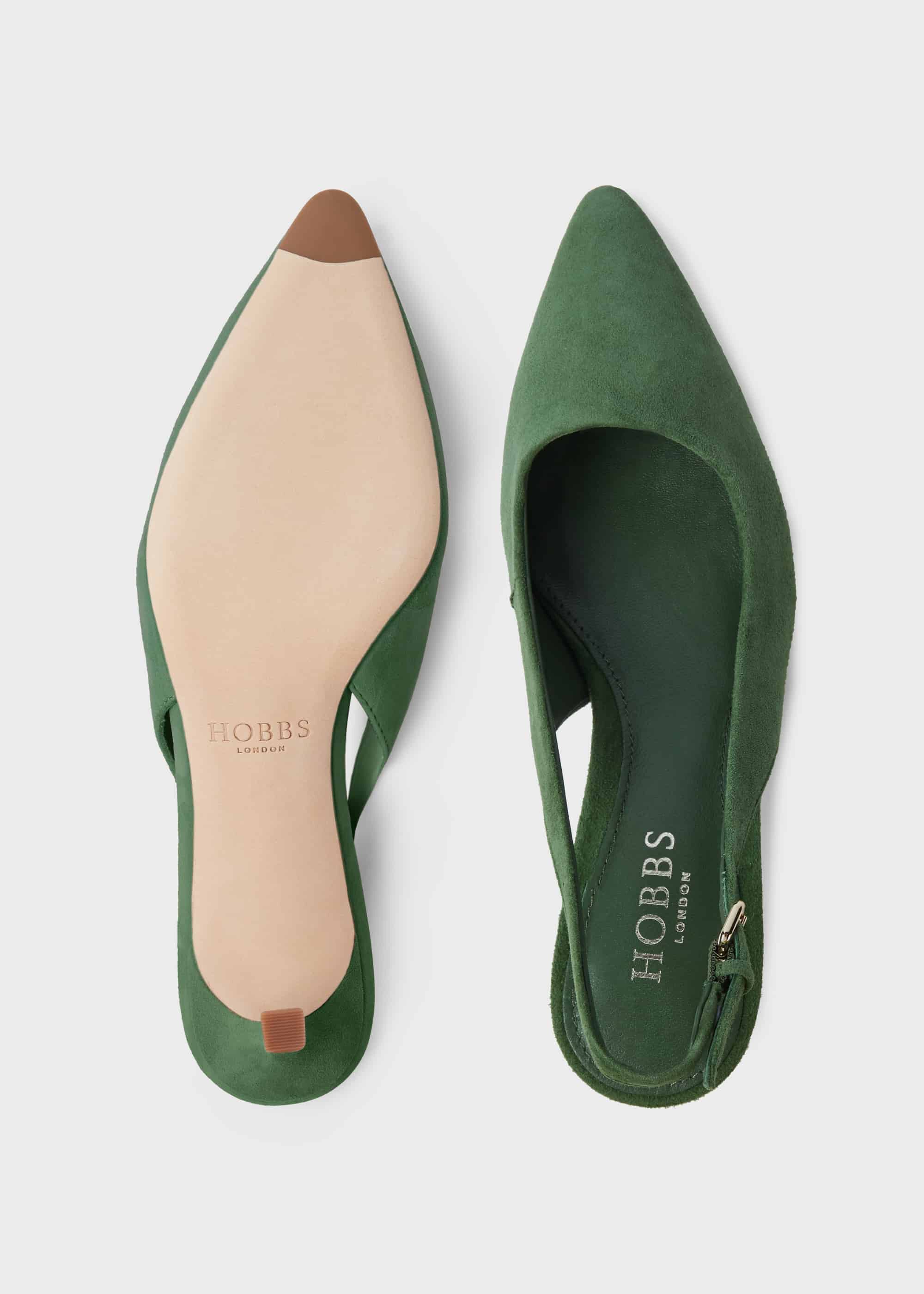 green suede kitten heels