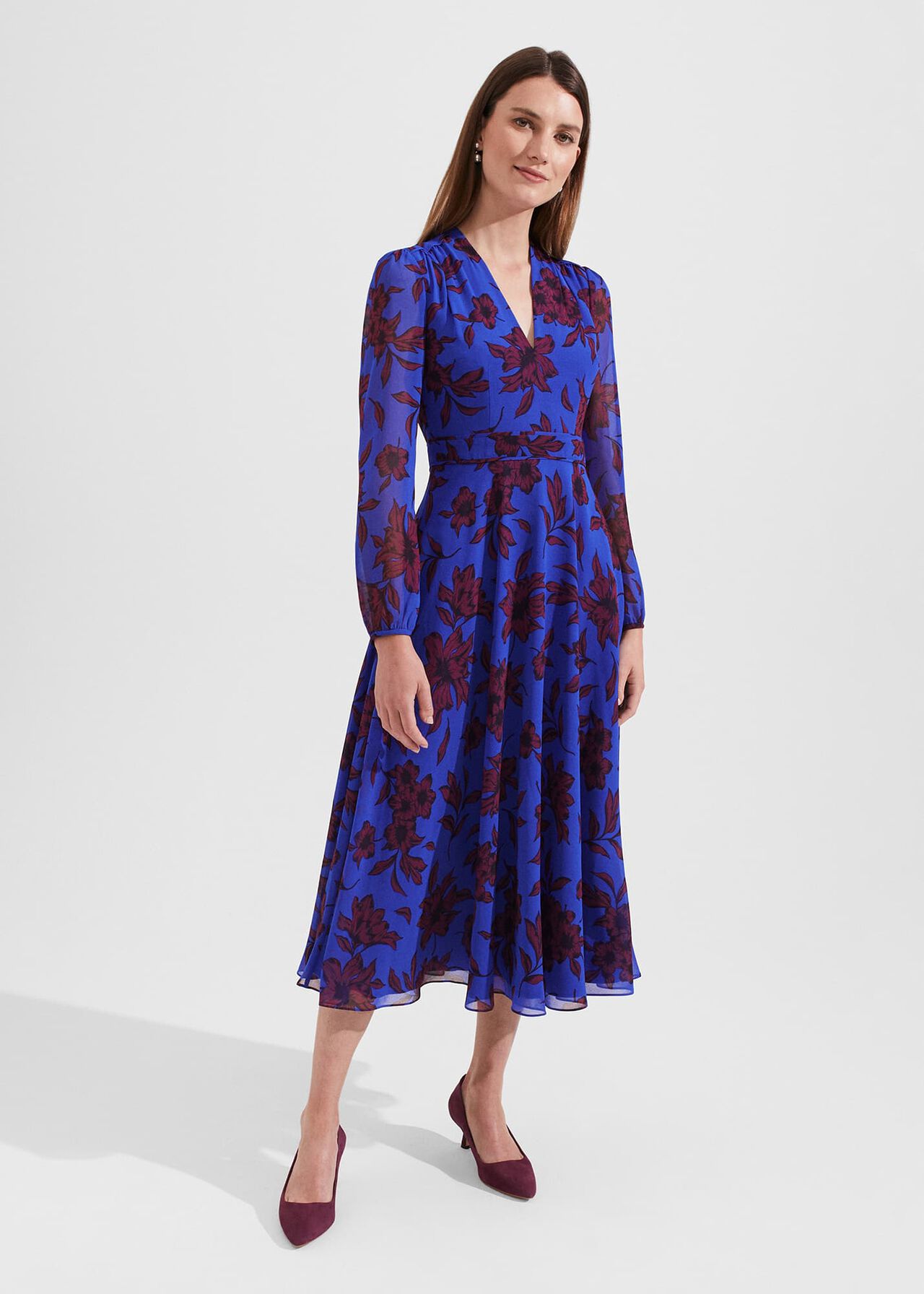 Petite Aurora Fit and Flare Printed Dress, Blue Burgundy, hi-res