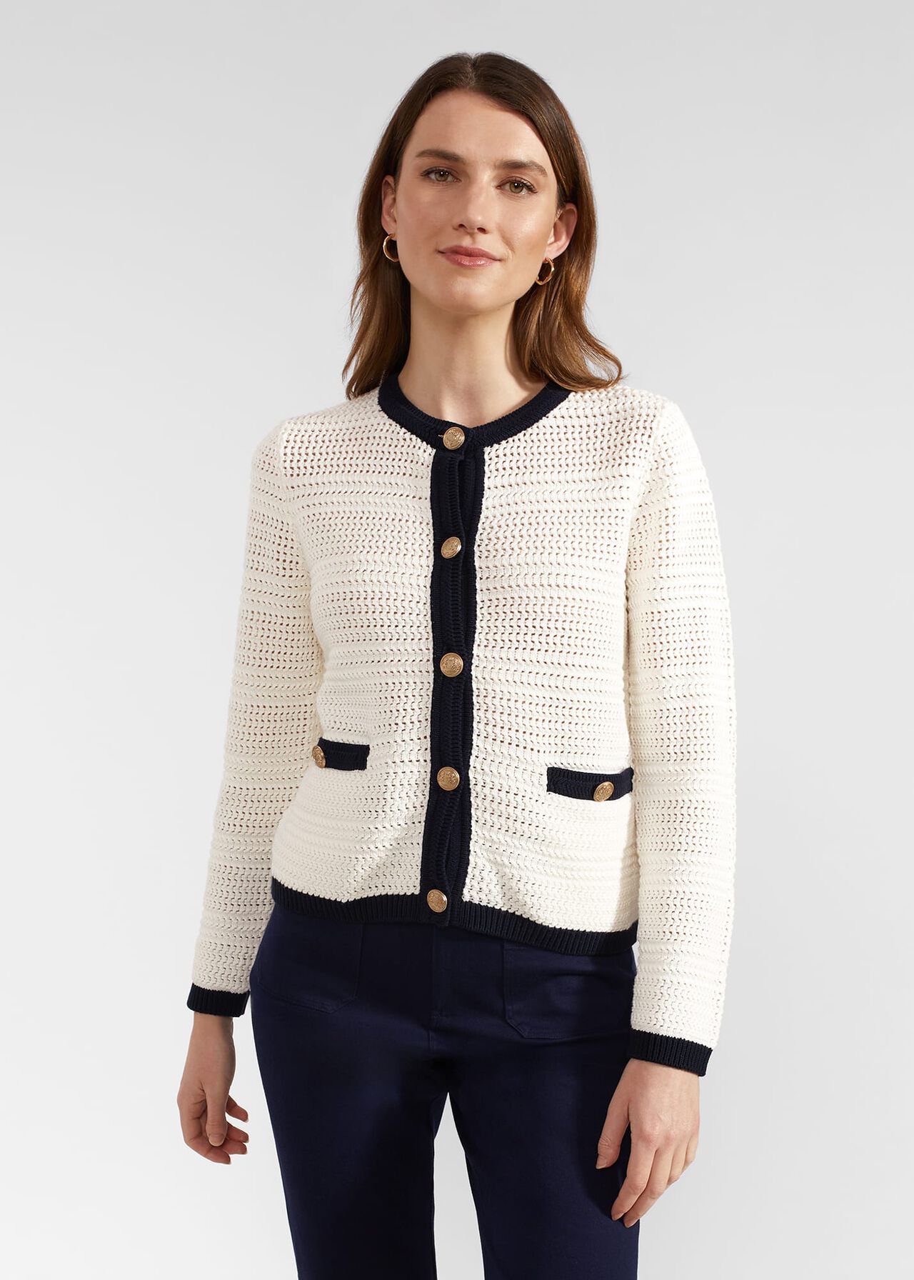 Nola Cotton Blend Knitted Jacket, Ivory Navy, hi-res