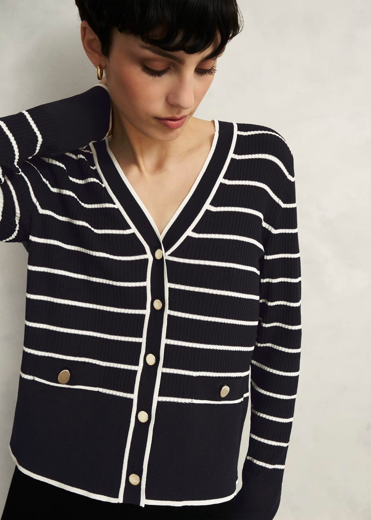 Navy Belmont Striped Knitted V Neck Cardigan, Black Cream, hi-res