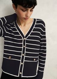 Navy Belmont Striped Knitted V Neck Cardigan, Black Cream, hi-res