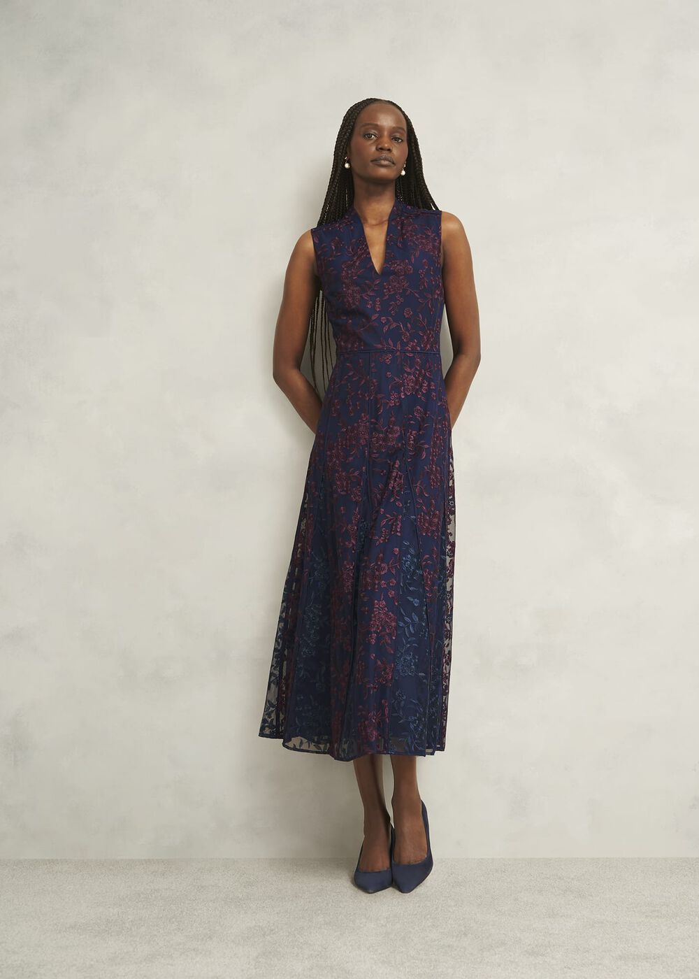 Petite Quin Embroidered Dress, Midnight Red, hi-res