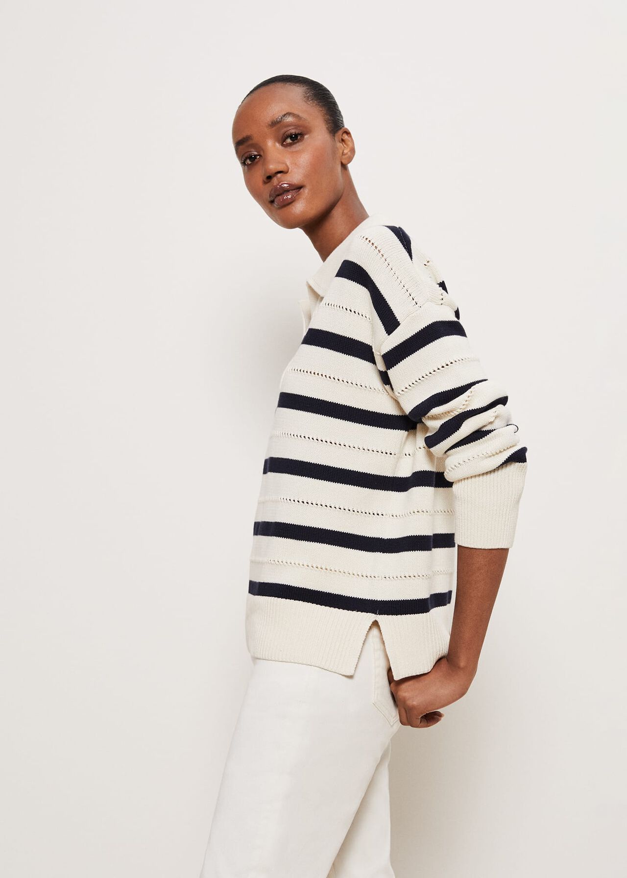 Beauford Polo Jumper, Cream Navy, hi-res