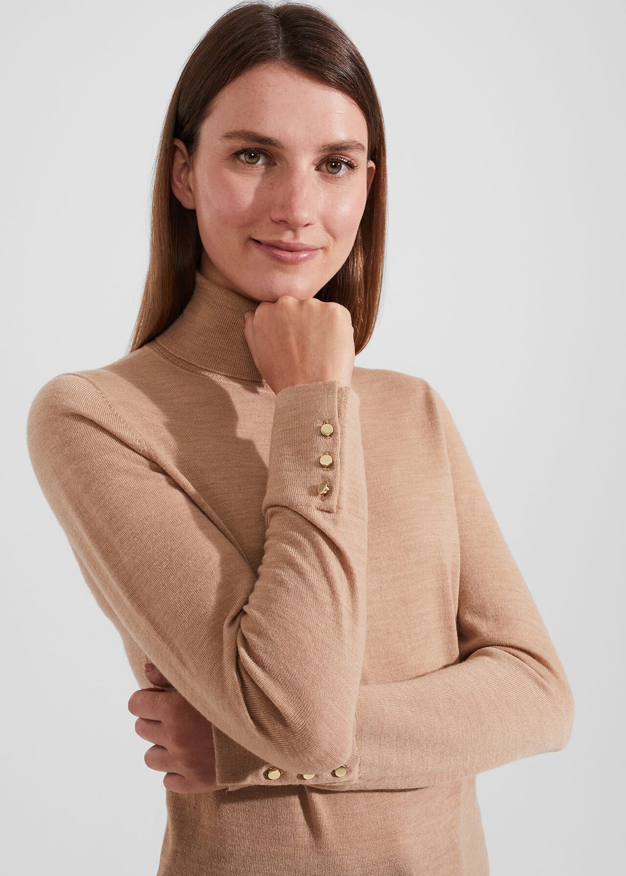 Lara Merino Wool Roll Neck Jumper, Camel, hi-res