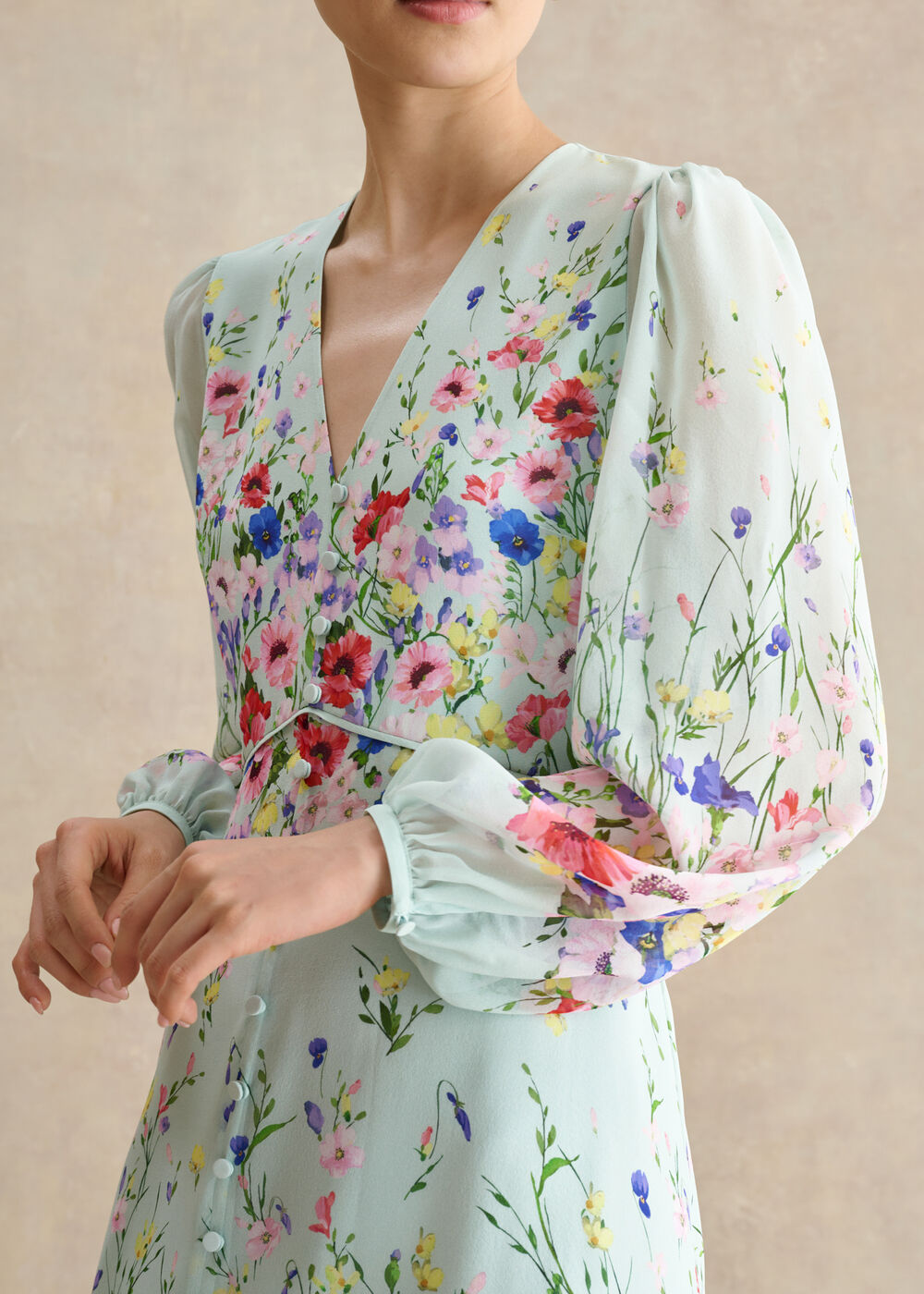 Monica Silk Floral Dress, Green Multi, hi-res