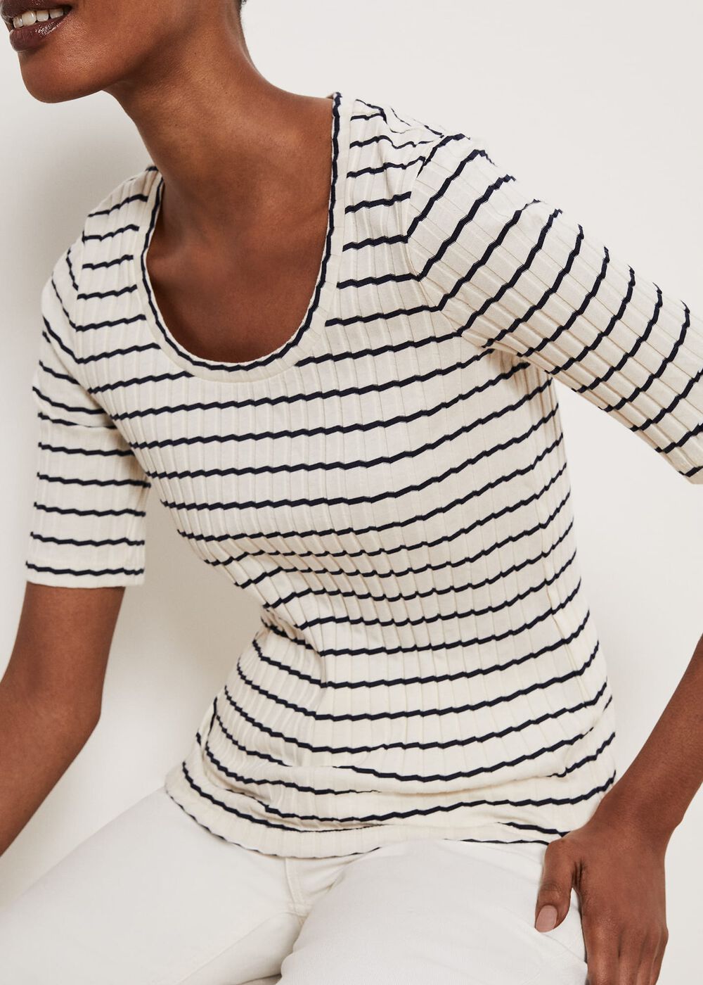 Montagu Ribbed Top, Cream Navy, hi-res
