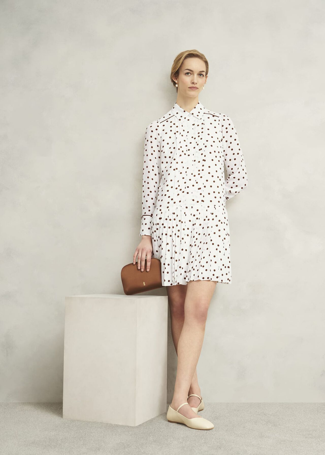 Francesca Pleated Spot Dress, Ivory Brown, hi-res