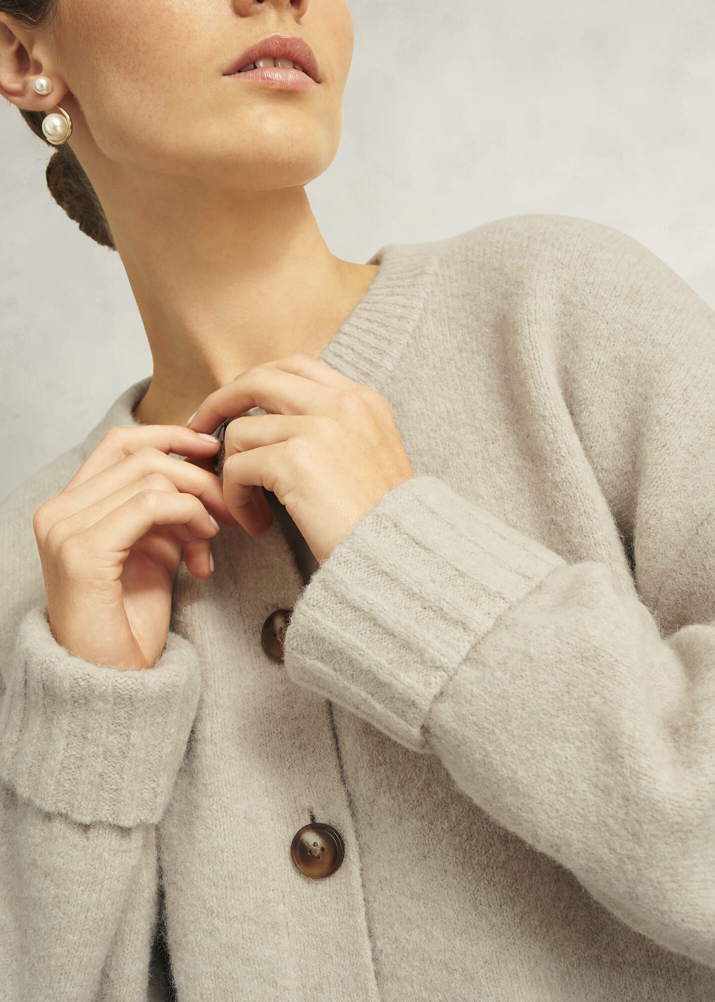 Oatmeal Freya Crew Neck Button Knitted Cardigan | Hobbs US |
