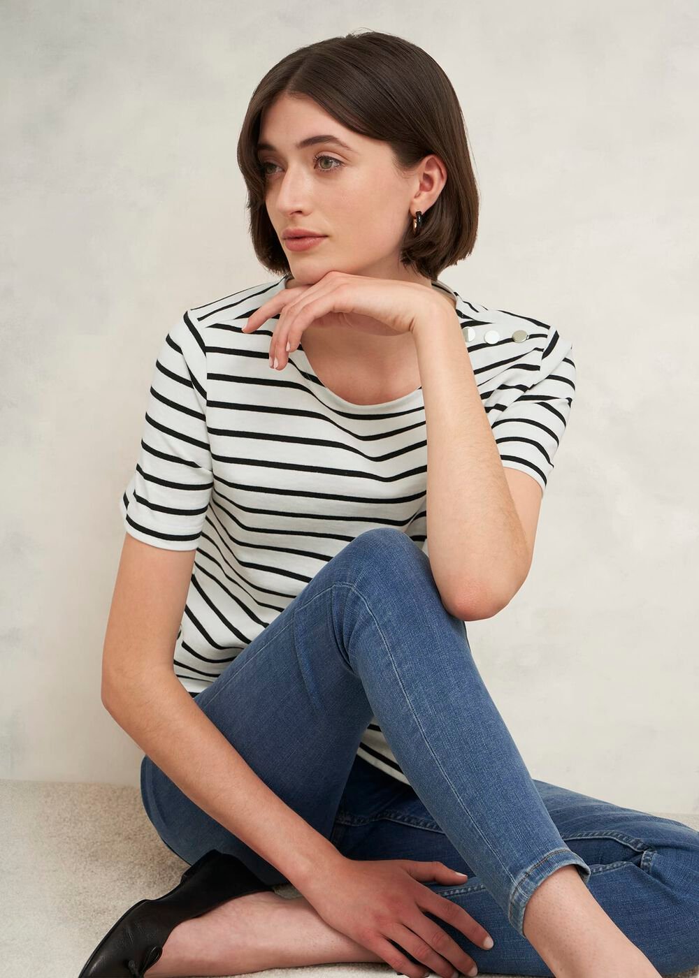 Bethan Cotton Stripe Top, Ivory Black, hi-res