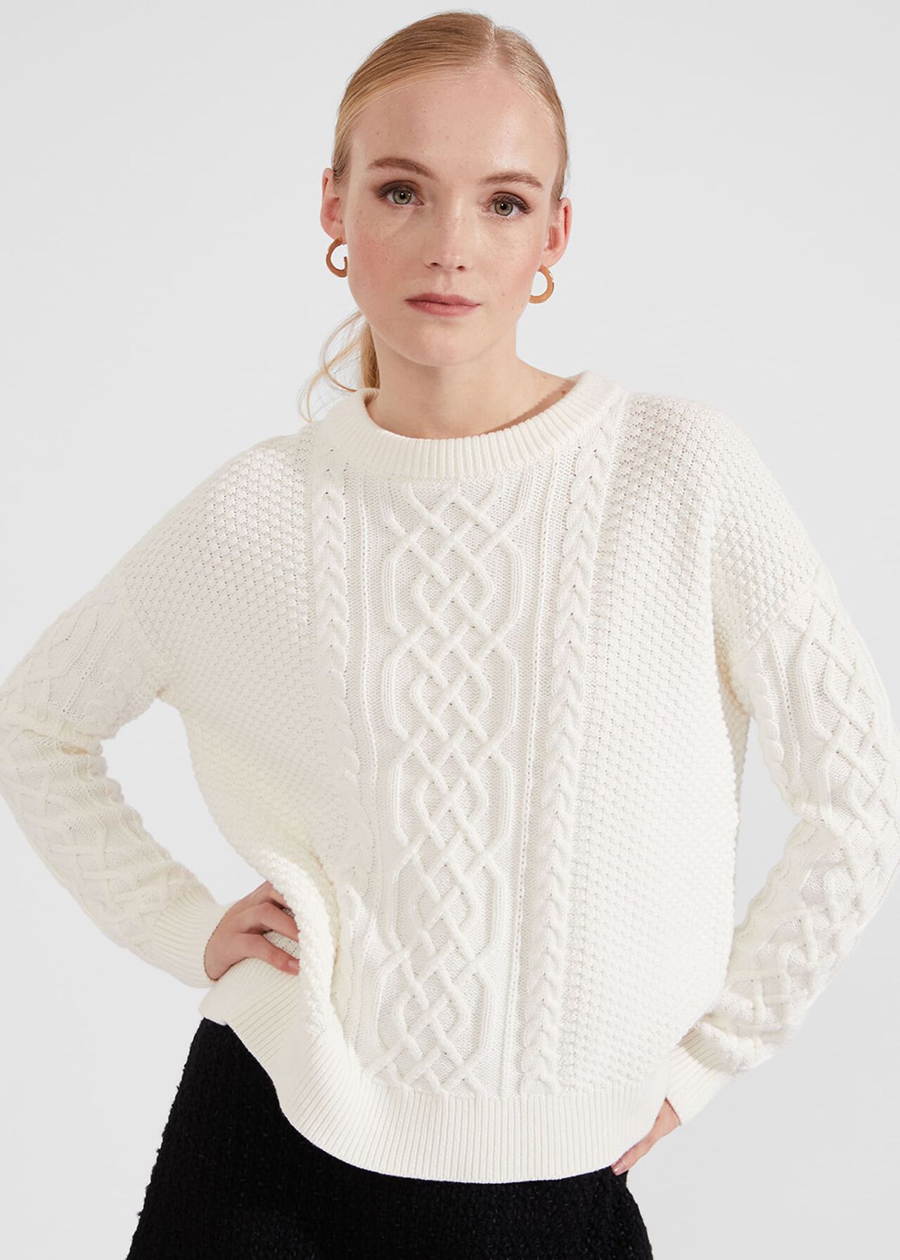 Corina Cotton Cable Sweater, Ivory, hi-res