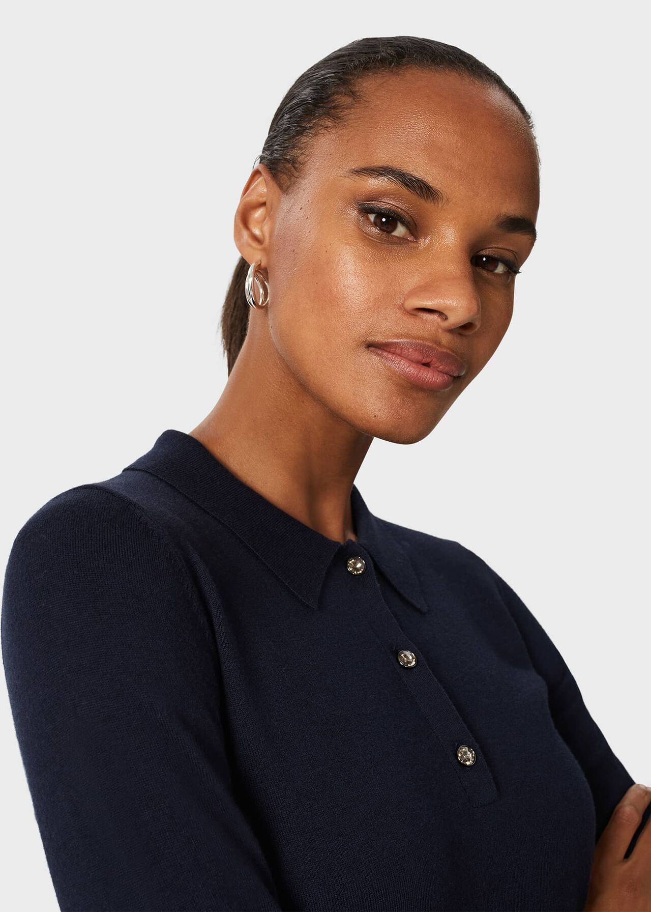 Nelle Jewelled Button Polo Jumper, Navy, hi-res