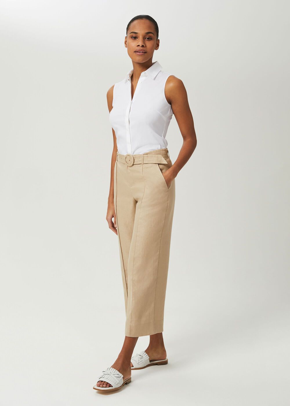 Sleeveless Victoria Cotton Blend Shirt, White, hi-res