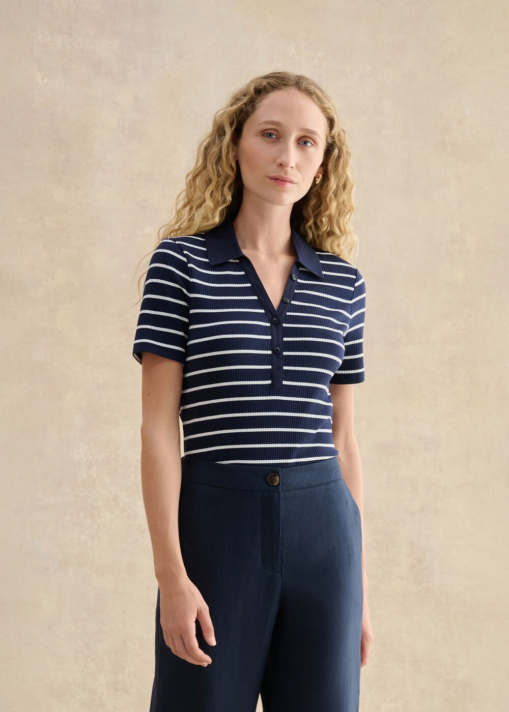 Merle Striped Ribbed Shirt, Navy Ivory, hi-res