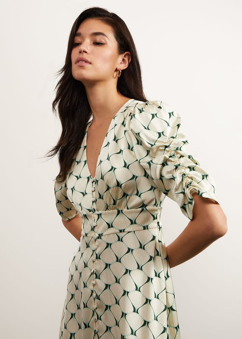 Ennerdale V Neck Midi Dress, Green Cream, hi-res