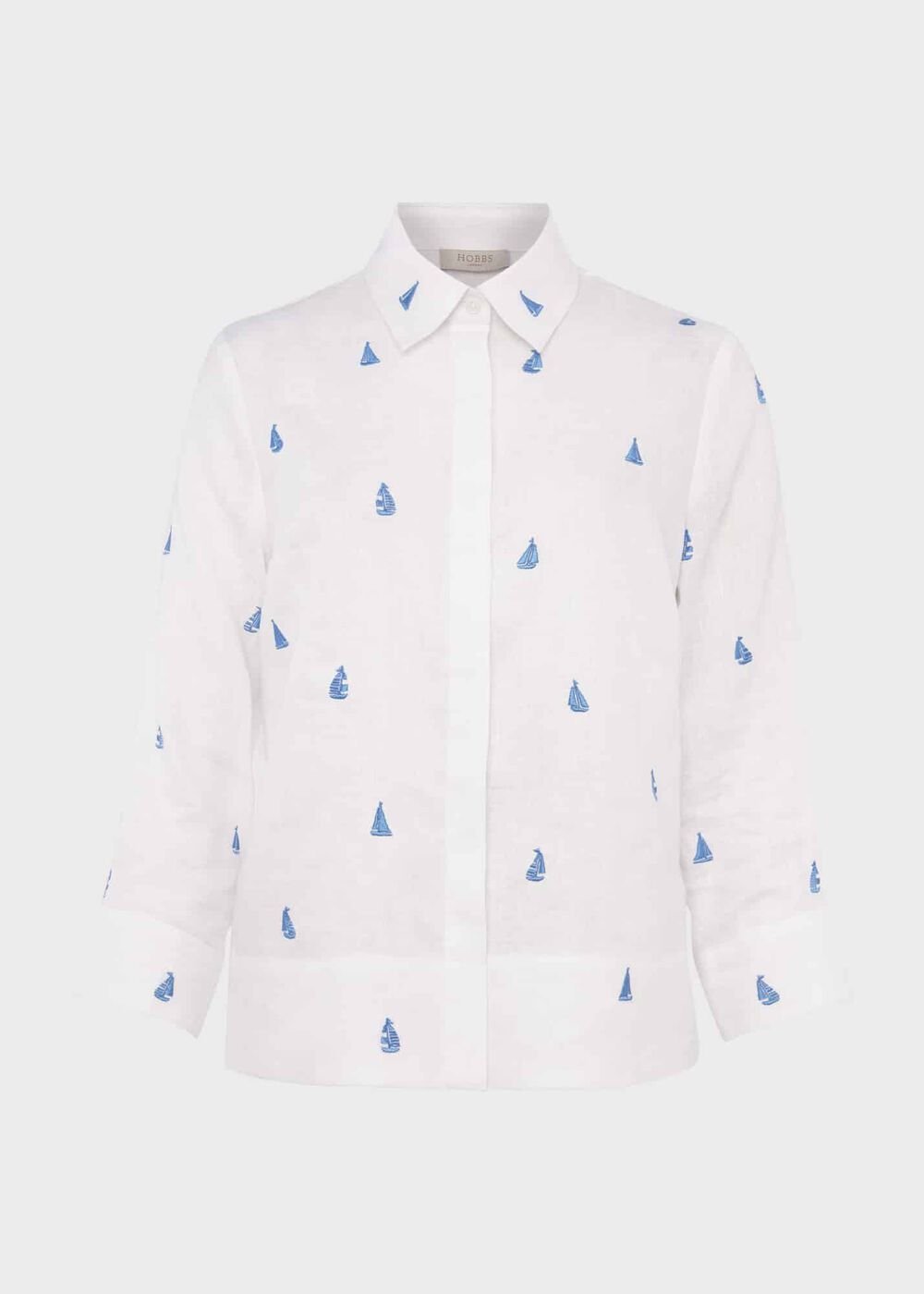 Embroidered Nita Linen Shirt, White Sky Blue, hi-res