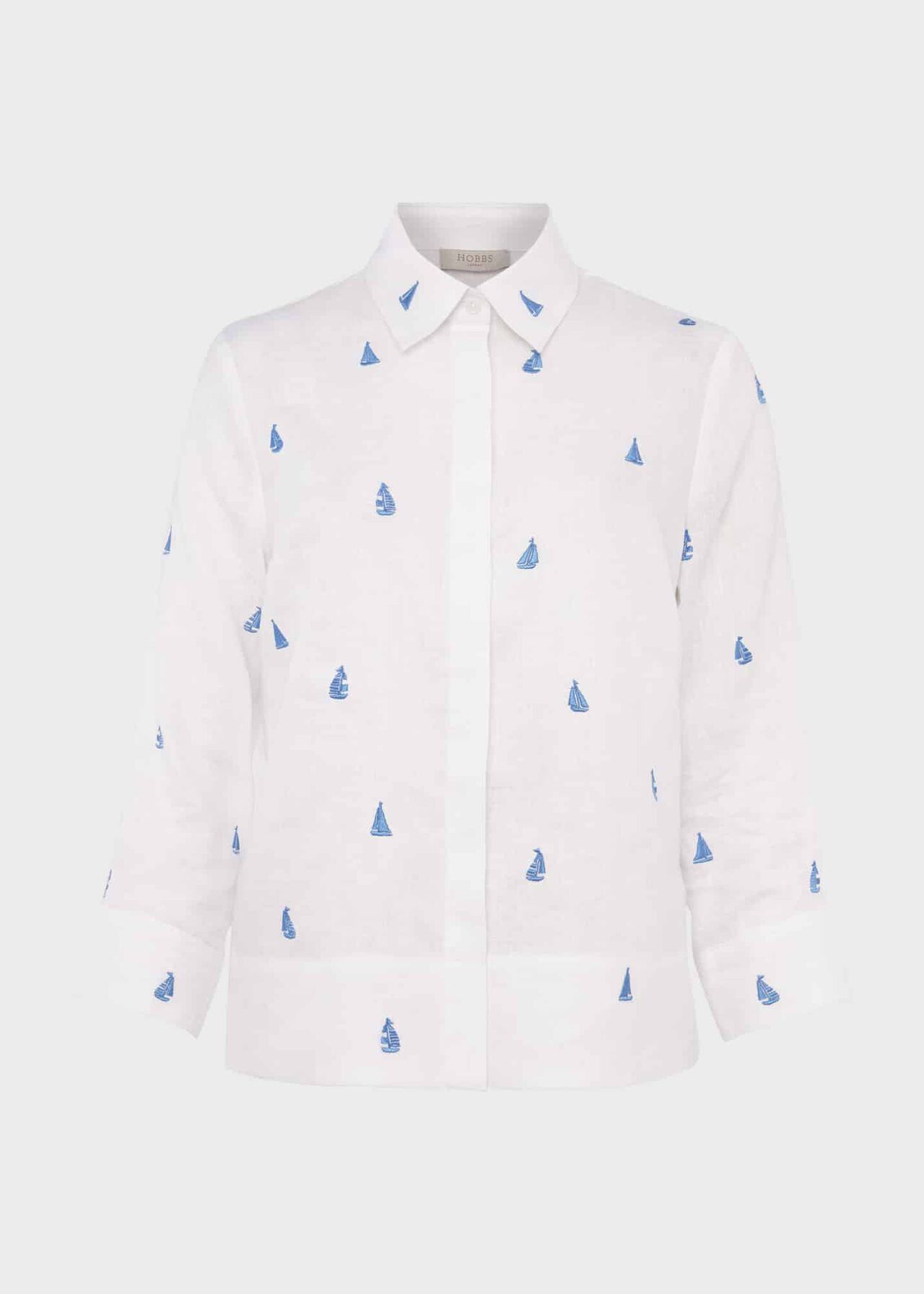 Embroidered Nita Linen Shirt, White Sky Blue, hi-res