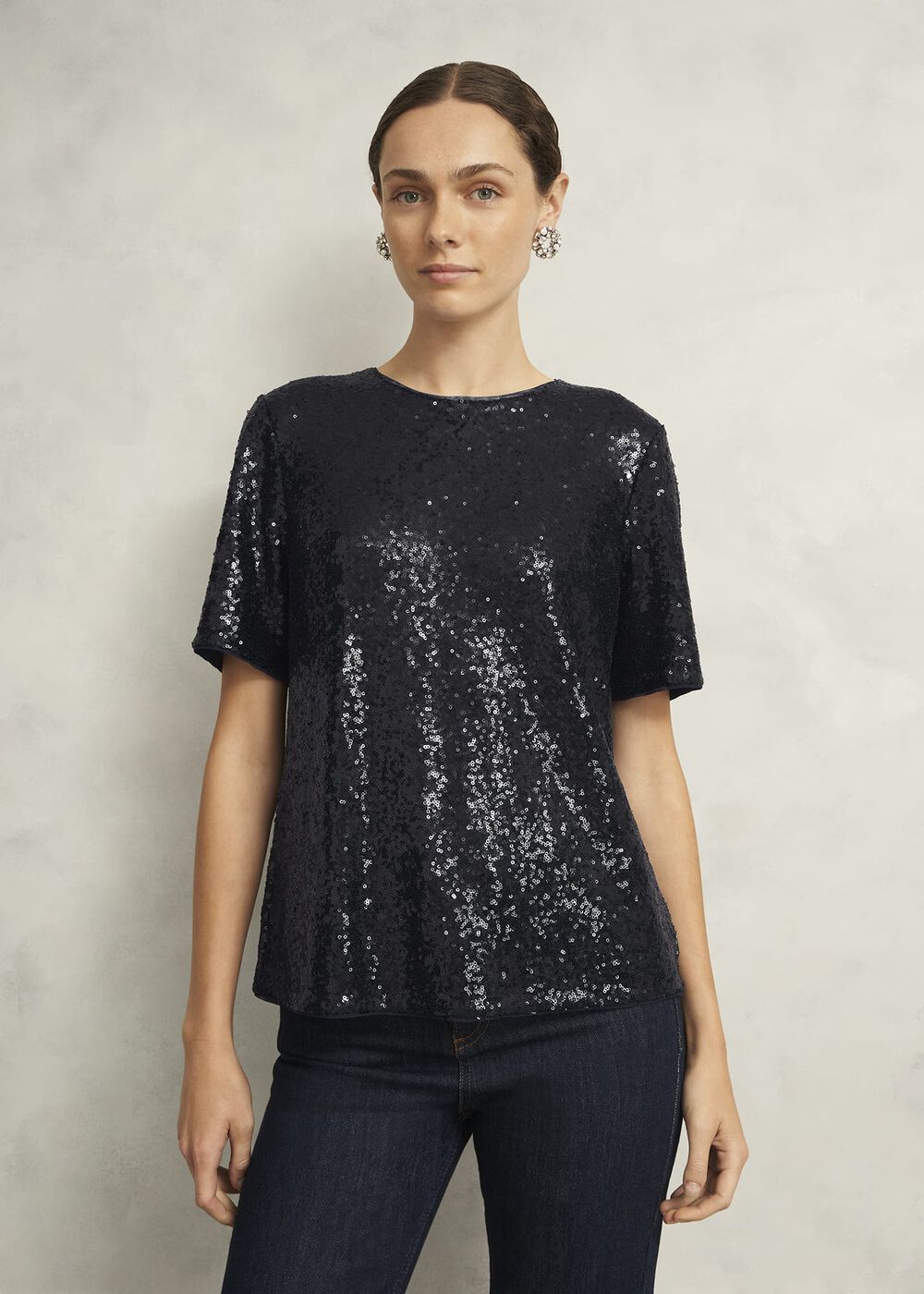 Lilibet Sparkle Sequin Short Sleeve Top, Hobbs Navy, hi-res