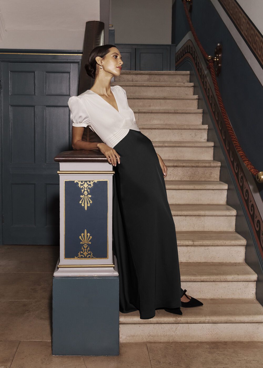 Elizabeth Colourblock Satin Maxi Dress, Black Ivory, hi-res