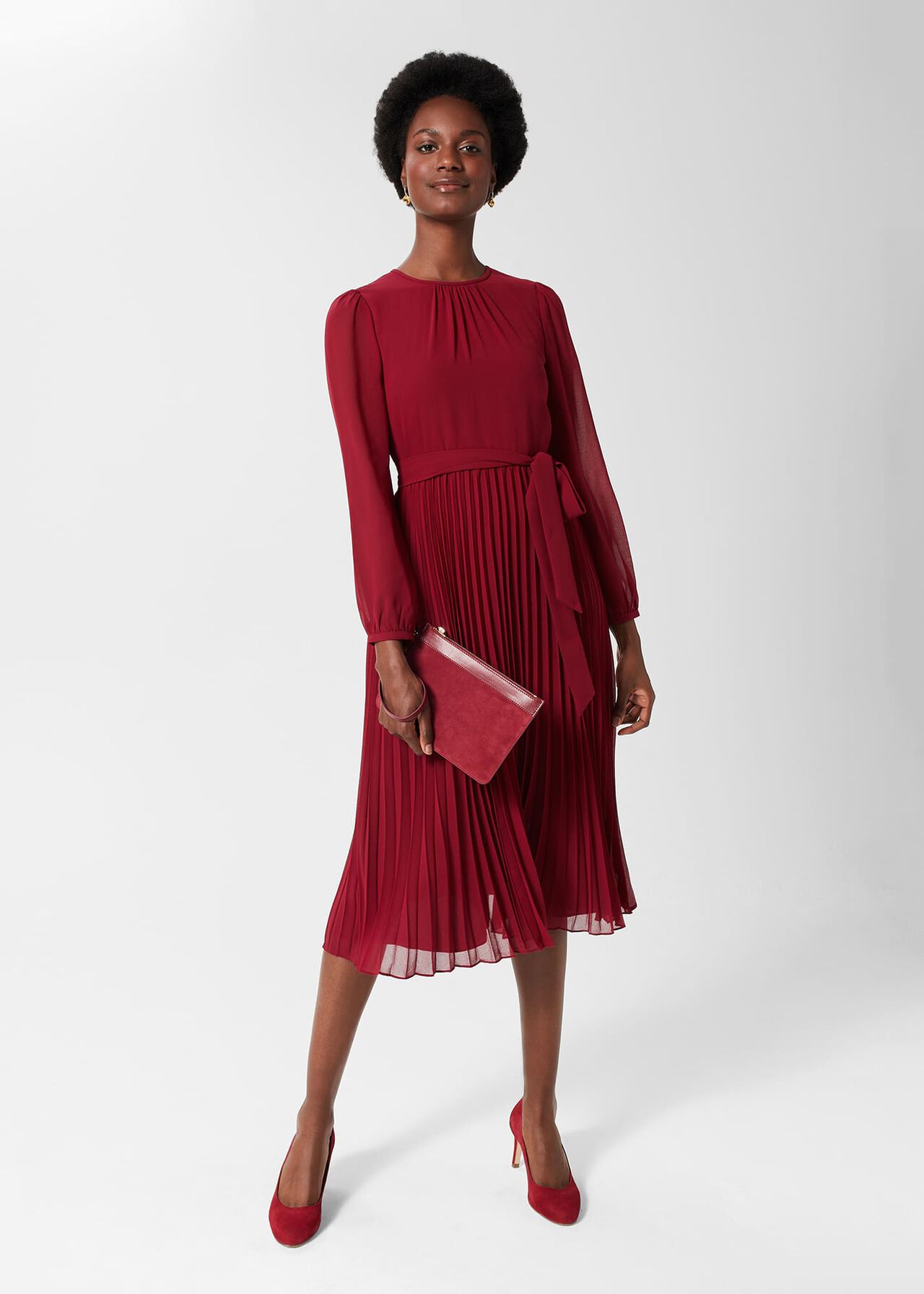 Paulina Pleated Dress, Burgundy, hi-res